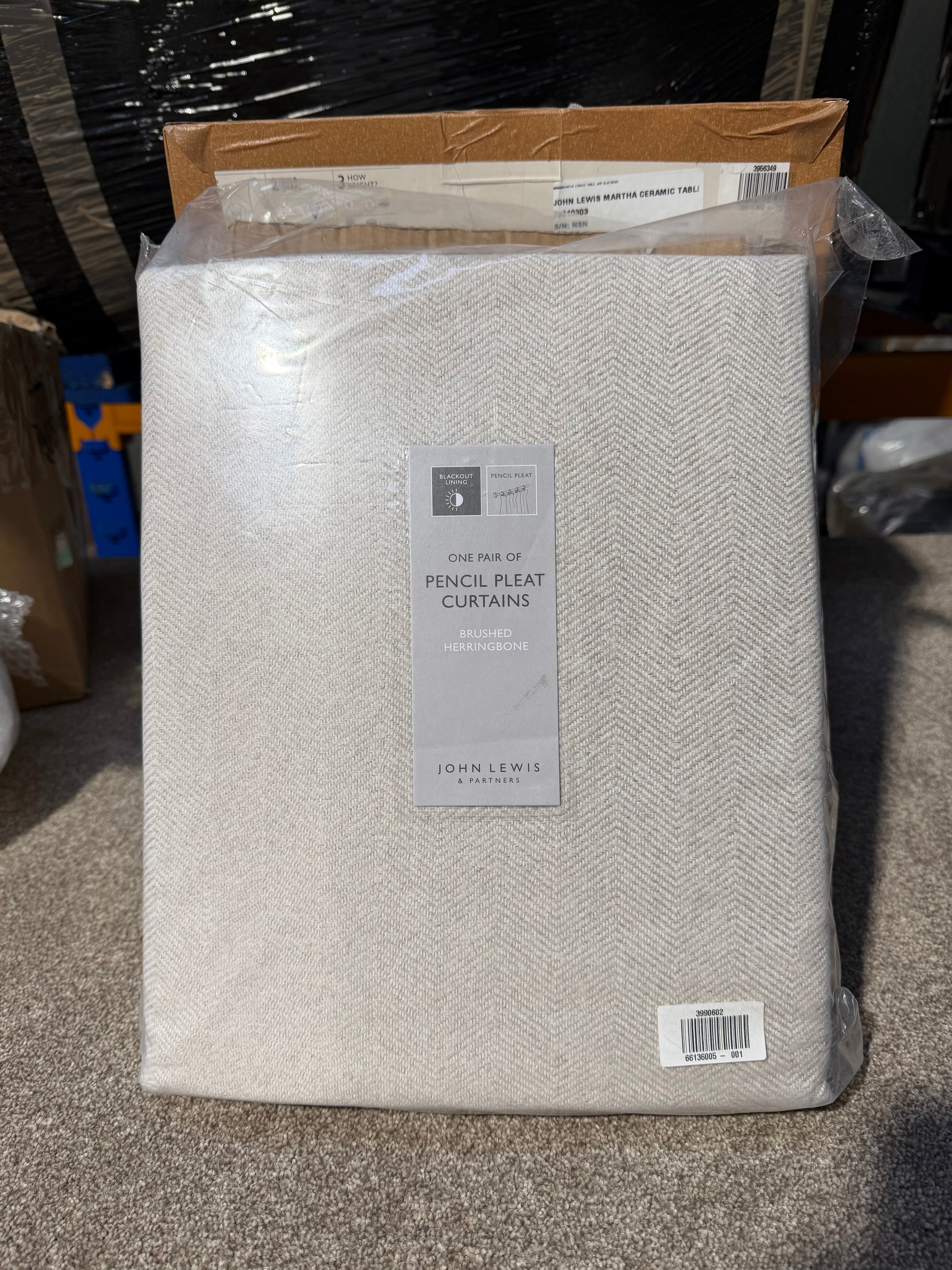 John Lewis Brushed Herringbone Pair Blackout Lined Pencil Pleat Curtains, Alabaster, W228 x Drop 137cm