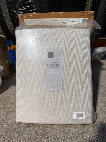 John Lewis Brushed Herringbone Pair Blackout Lined Pencil Pleat Curtains, Alabaster, W228 x Drop 137cm