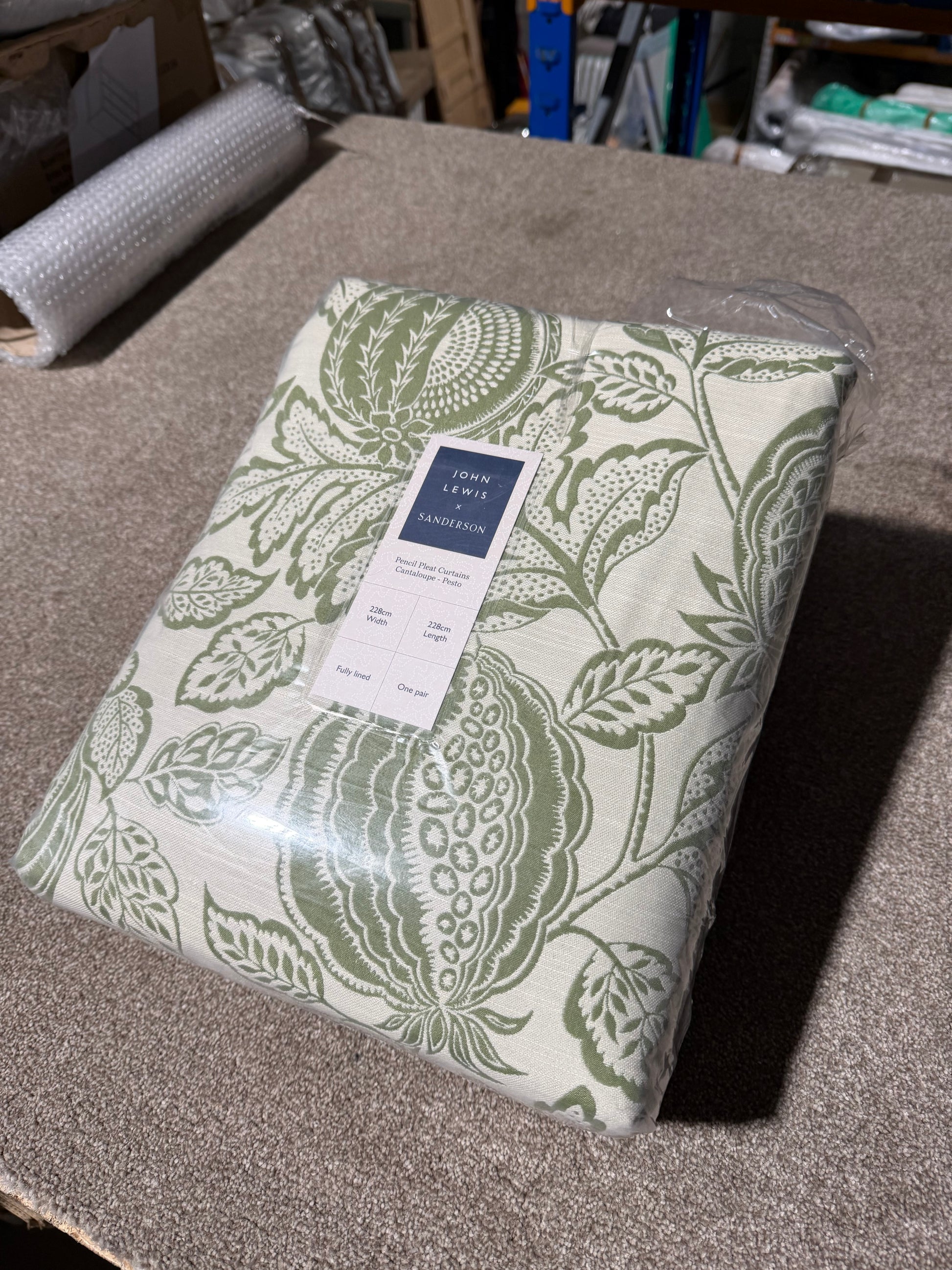 John Lewis x Sanderson Cantaloupe Lined Pencil Pleat Curtains, Pesto, H228 x Drop 228