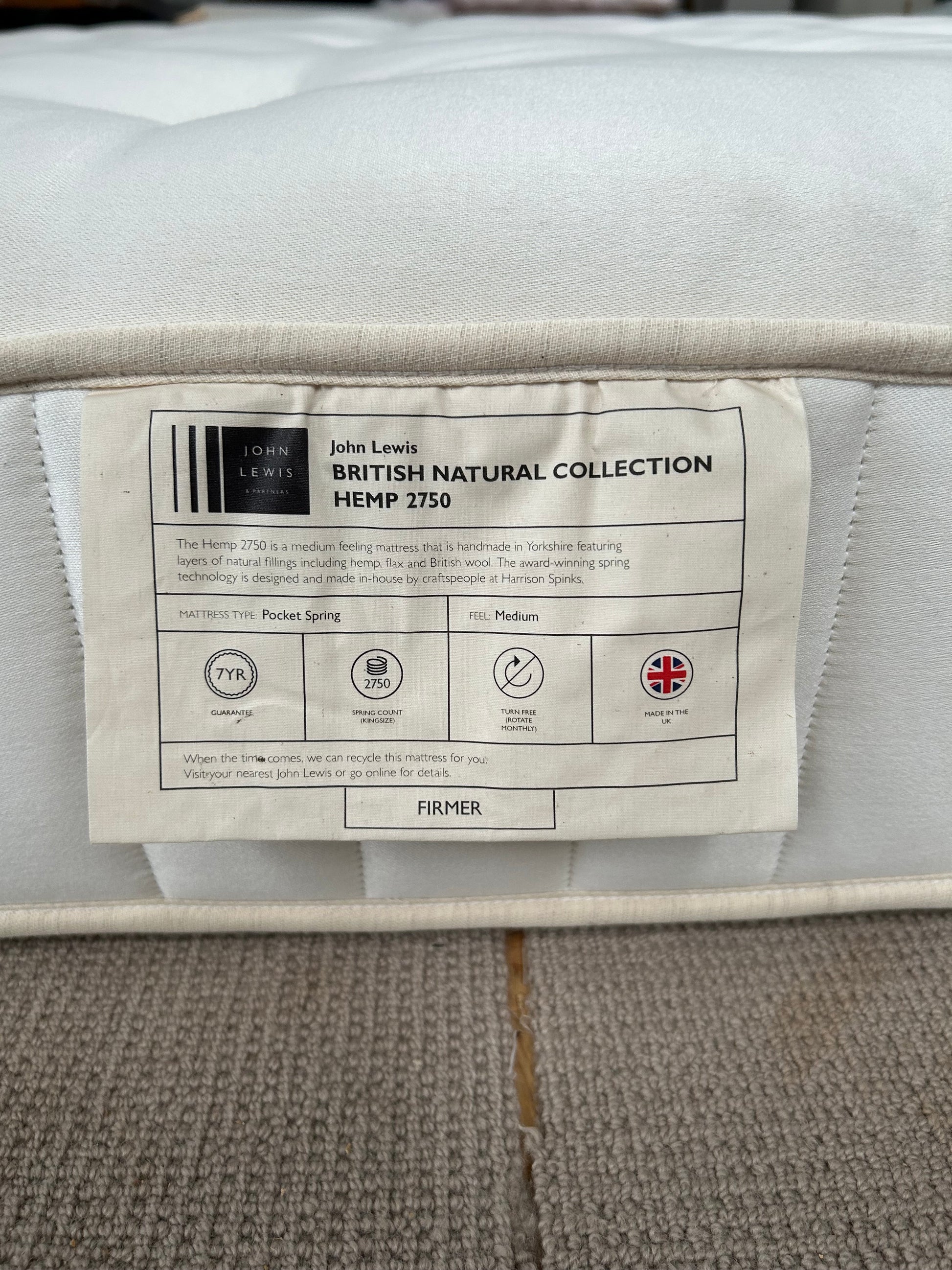 John Lewis British Natural Collection Hemp 2750 Mattress Firmer Tension Double