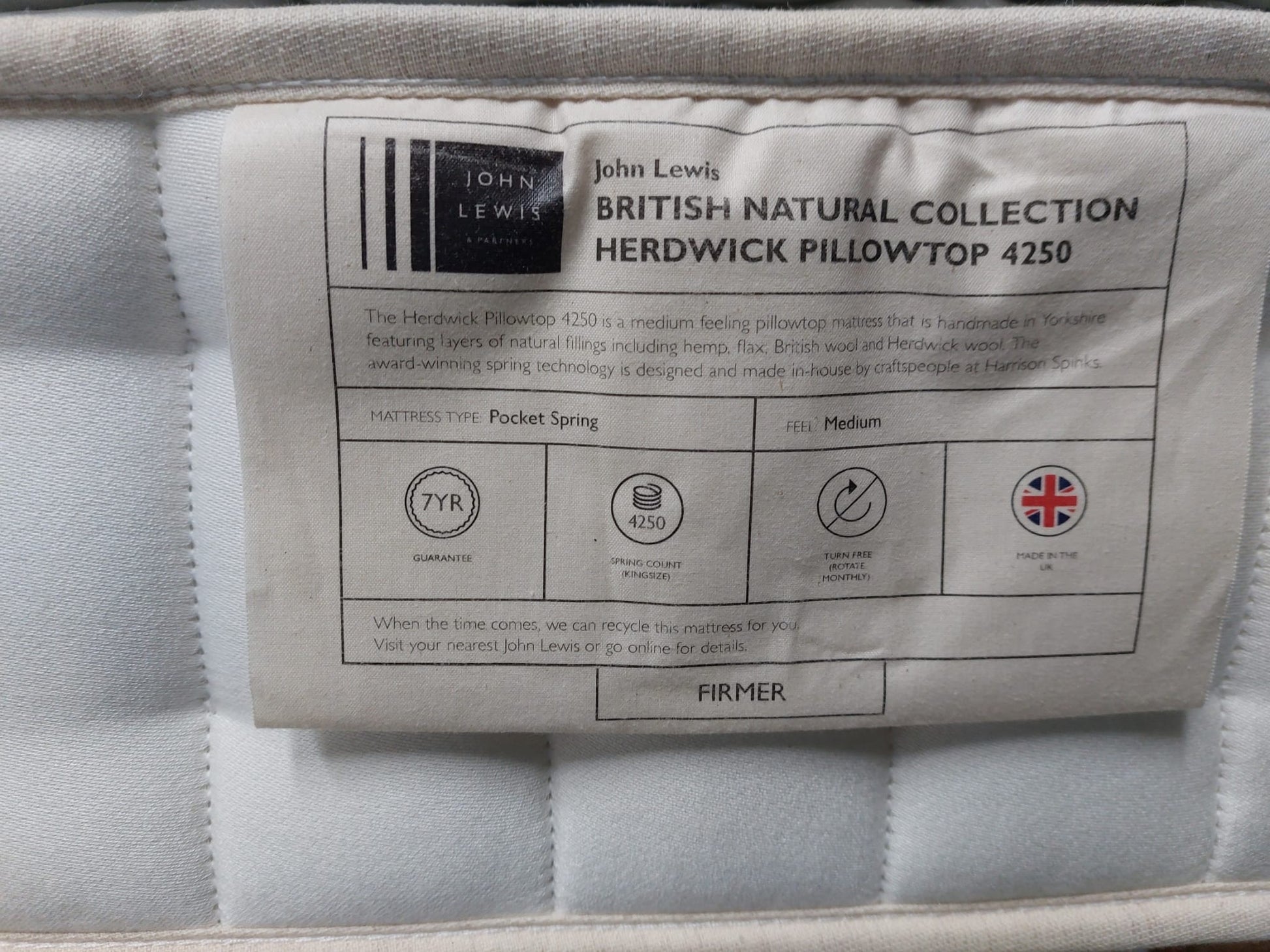 John Lewis Double Mattress British Natural Collection Herdwick Pillowtop 4250, Firmer Tension Pocket Spring