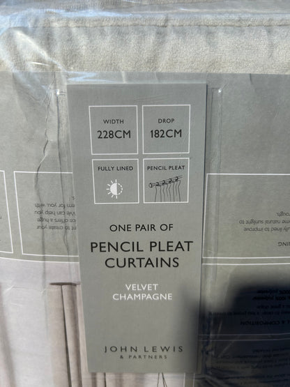 John Lewis Velvet Pair Lined Pencil Pleat Curtains, Champagne, W228 x Drop 182cm