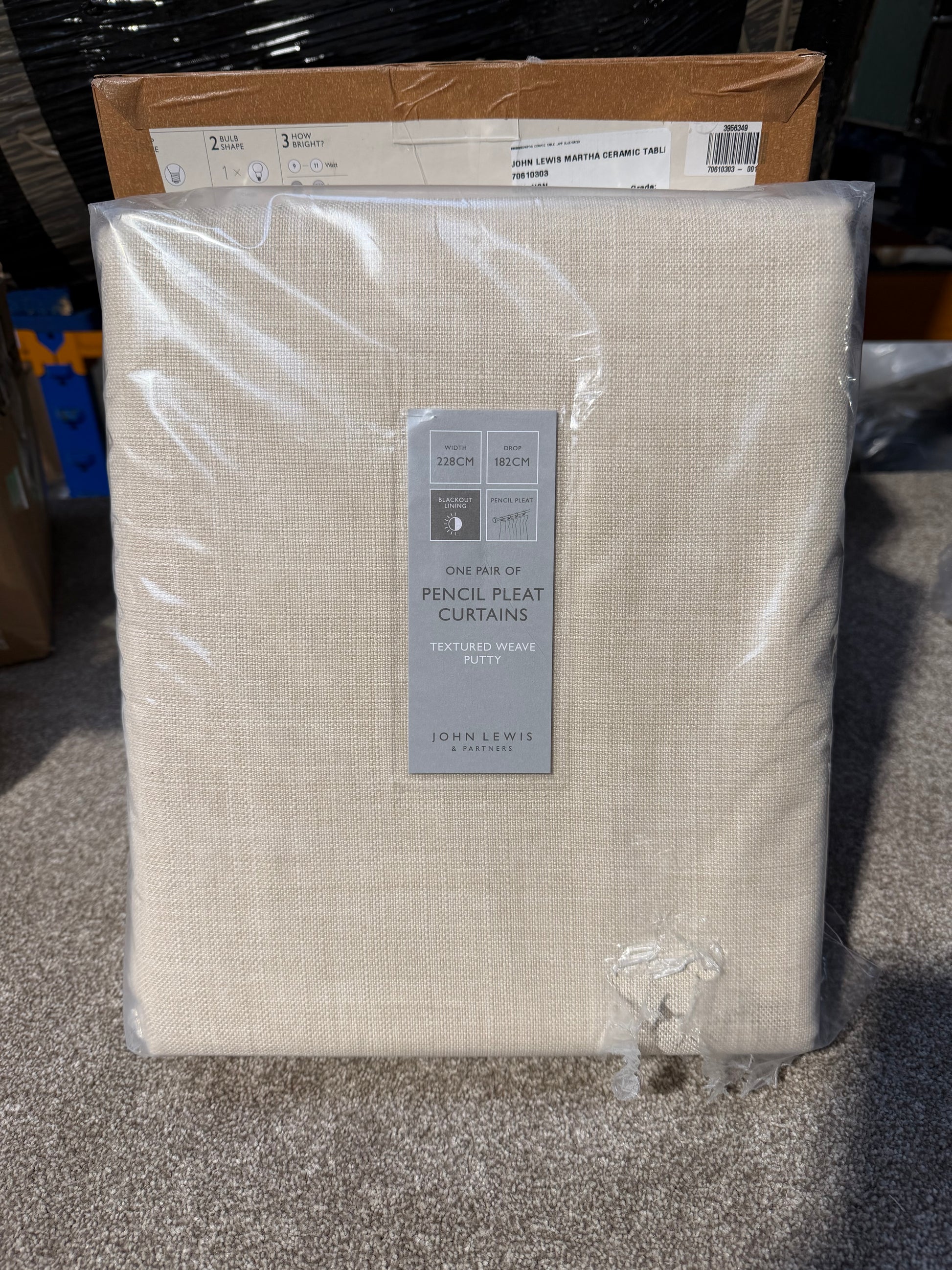 John Lewis Textured Weave Pair Blackout Lined Pencil Pleat Curtains, Putty, W228 x Drop 182cm