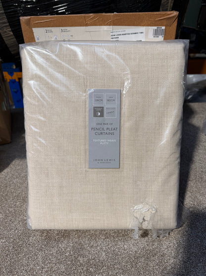 John Lewis Textured Weave Pair Blackout Lined Pencil Pleat Curtains, Putty, W228 x Drop 182cm
