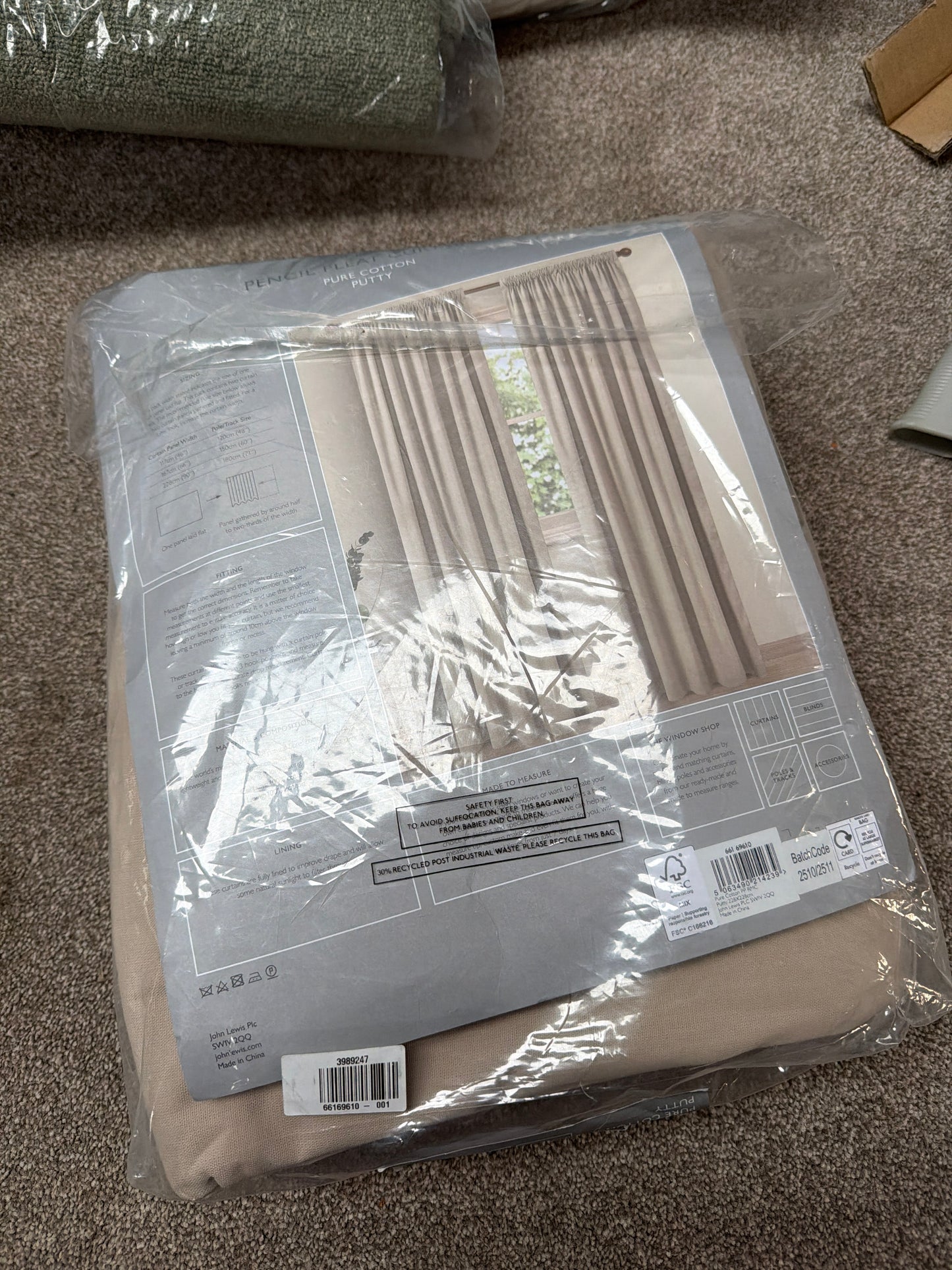 John Lewis Pure Cotton Pair Lined Pencil Pleat Curtains, Putty, W228 x Drop 228cm