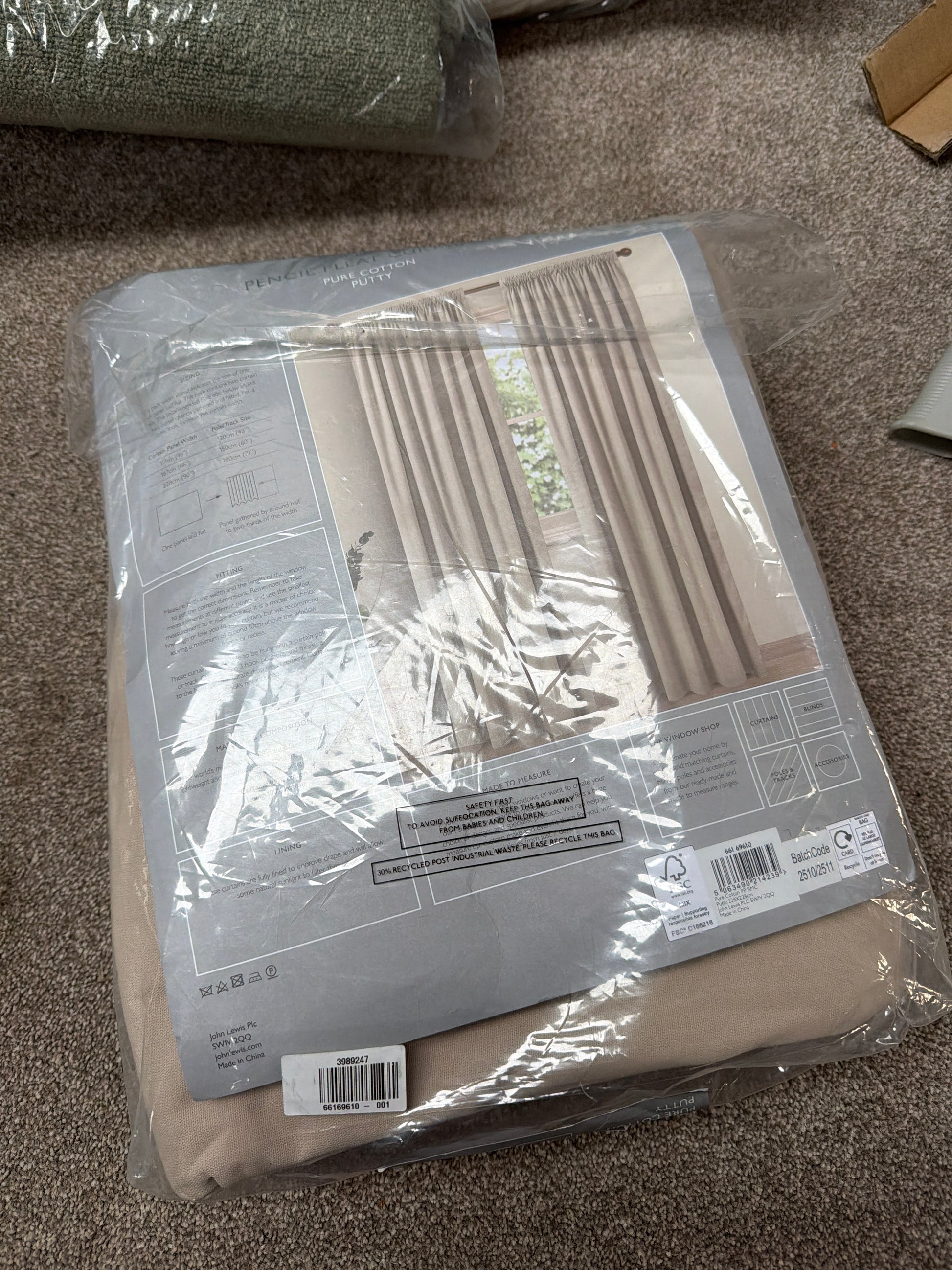 John Lewis Pure Cotton Pair Lined Pencil Pleat Curtains, Putty, W228 x Drop 228cm