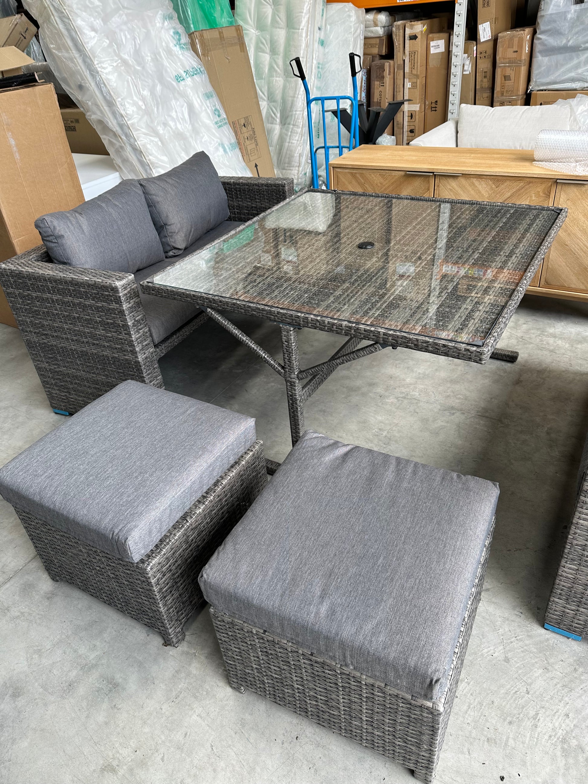 John Lewis Alora Cube 6-Seater Garden Dining Table, Sofas & Stools Set, Brown/Grey