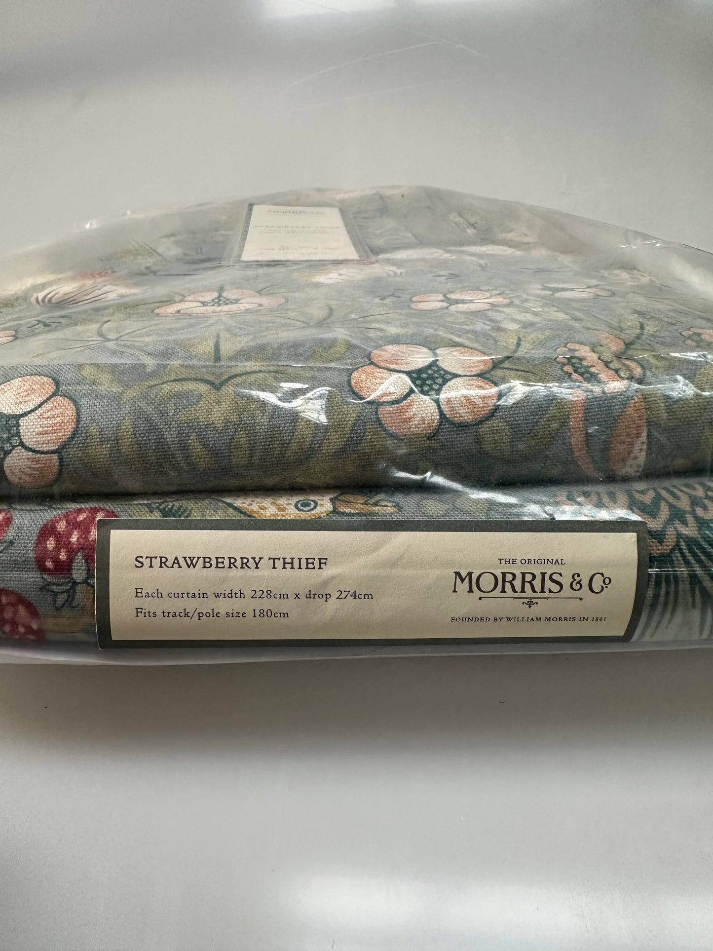 Morris & Co. Strawberry Thief Pair Lined Pencil Pleat Curtains, Duck Egg, W228 x Drop 274cm