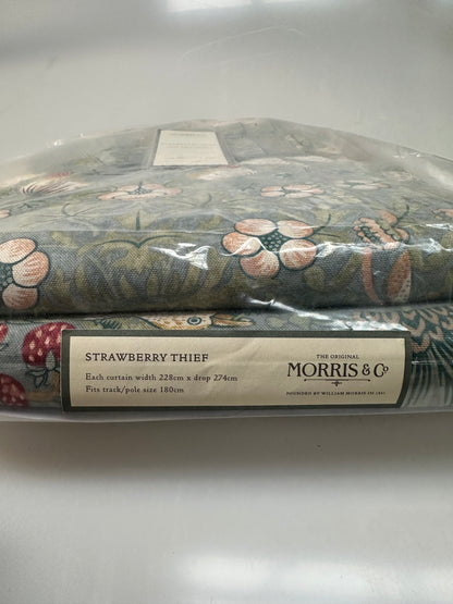 Morris & Co. Strawberry Thief Pair Lined Pencil Pleat Curtains, Duck Egg, W228 x Drop 274cm