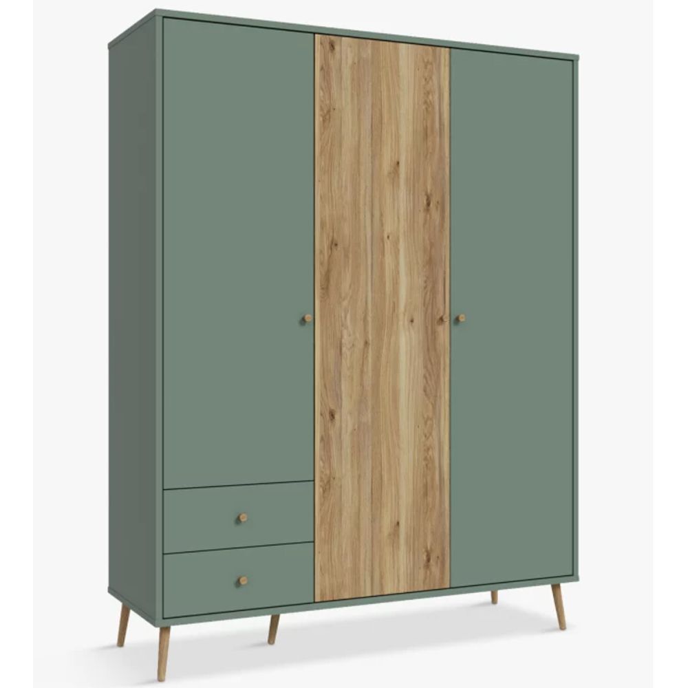 EasyKlix Harllson 3 Door Wardrobe with 2 Drawers, Green/Oak