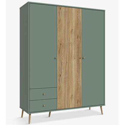 EasyKlix Harllson 3 Door Wardrobe with 2 Drawers, Green/Oak