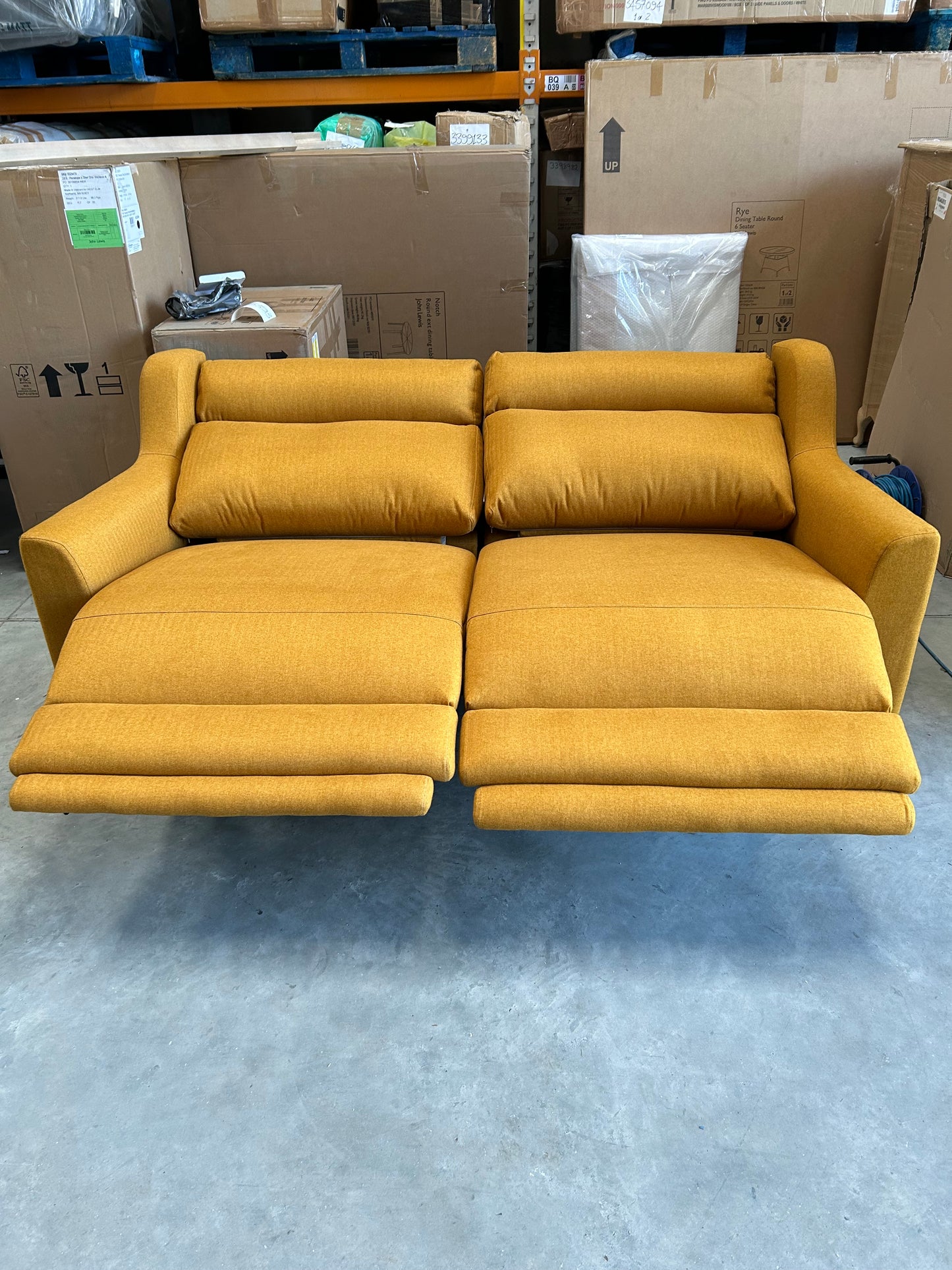 John Lewis Elevate Large 2 Seater Power Recliner Sofa, WoodenvLeg Brushed Tweed Mustard
