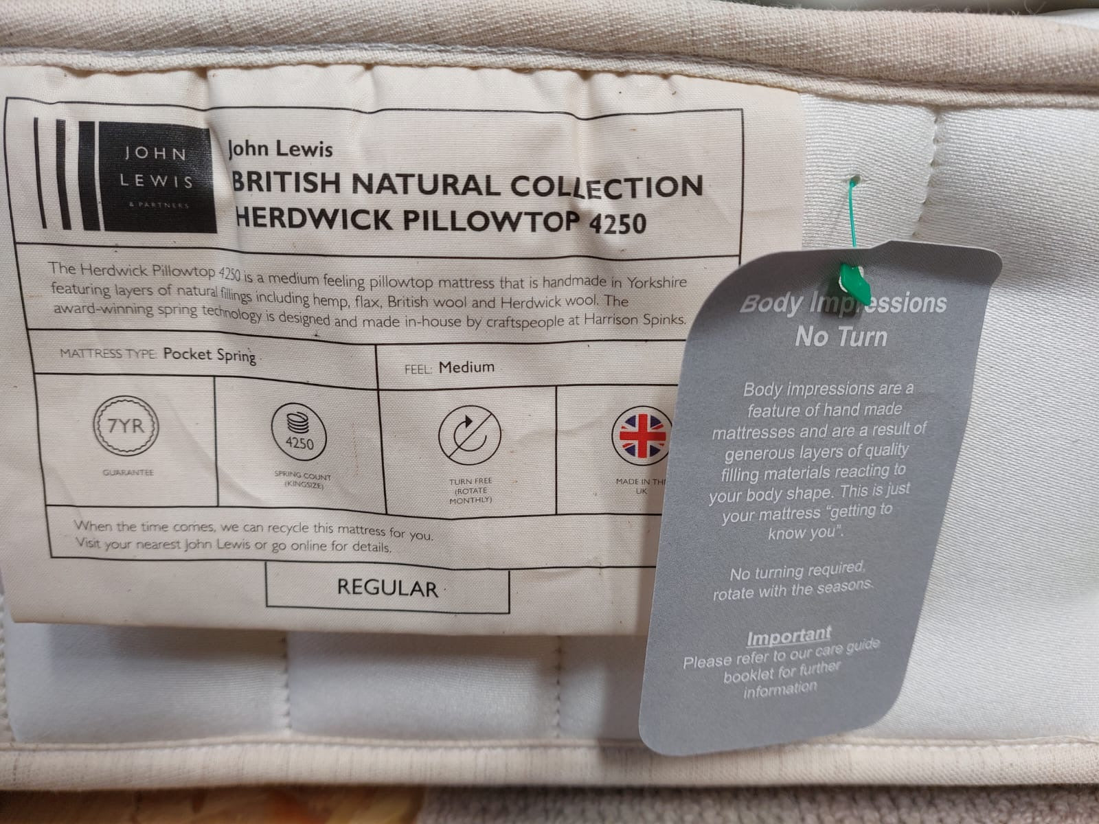 John Lewis British Natural Collection Herdwick Pillowtop 4250, Double, Regular Tension Pocket Spring Mattress