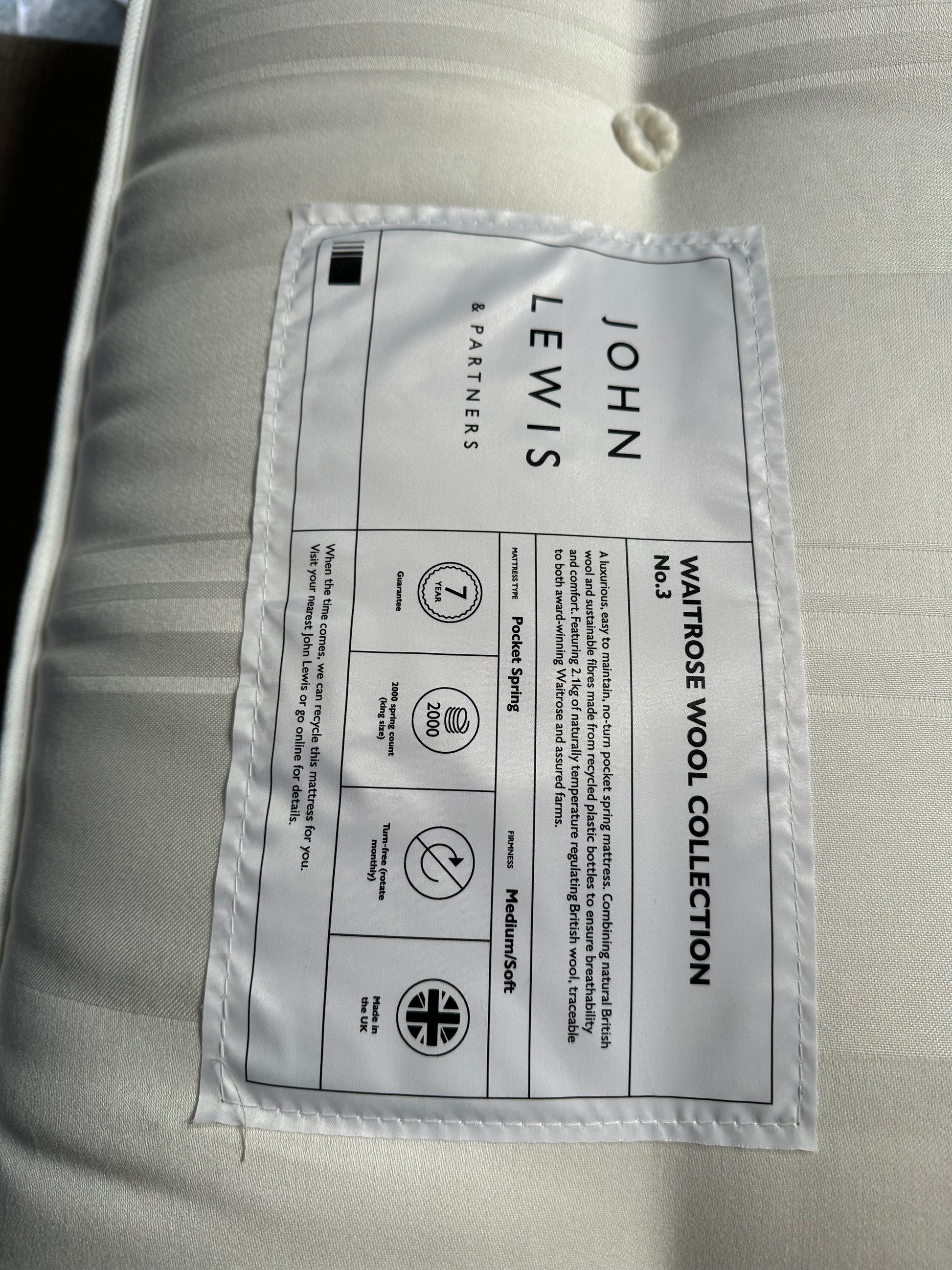 John Lewis Waitrose Wool NO. 3 Pocket Spring Mattress, Soft/Medium Tension, King Size