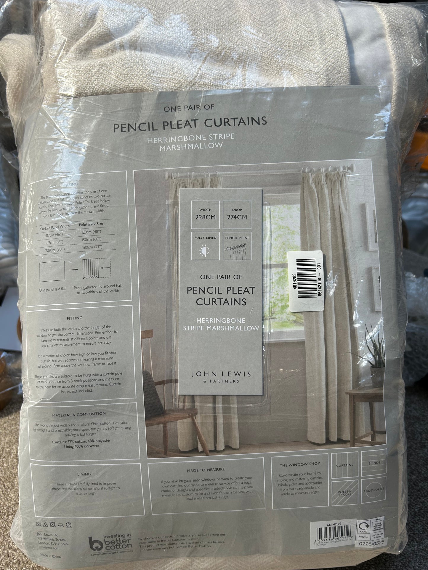 John Lewis Herringbone Weave Pair Lined Pencil Pleat Curtains, Marshmallow, W228 x Drop 274cm