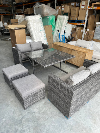 John Lewis Alora Cube 6-Seater Garden Dining Table, Sofas & Stools Set, Brown/Grey