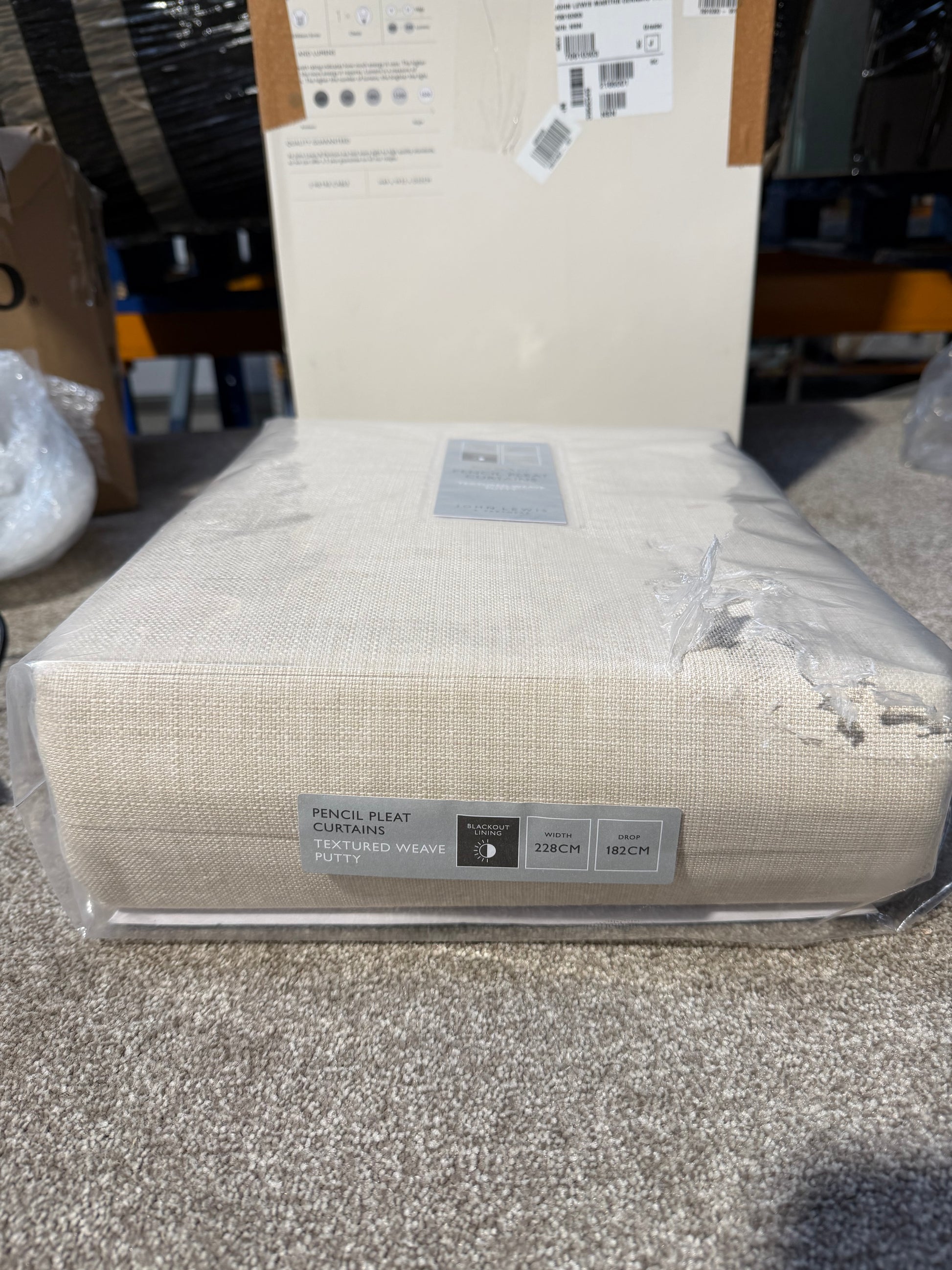 John Lewis Textured Weave Pair Blackout Lined Pencil Pleat Curtains, Putty, W228 x Drop 182cm