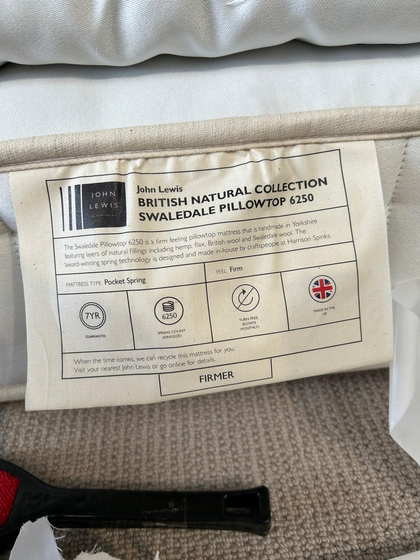 John Lewis British Natural Collection Swaledale Pillowtop 6250 Mattress, Firmer Tension, Double