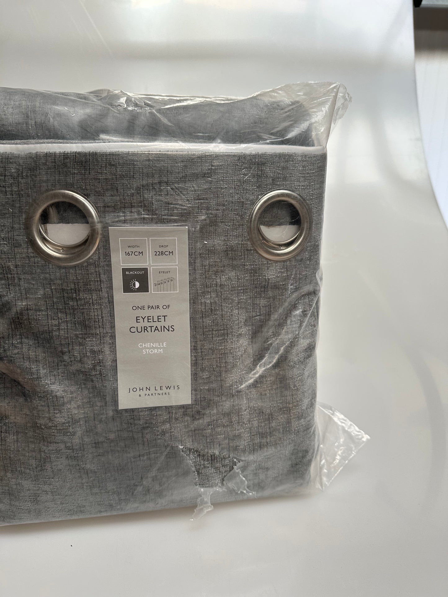 John Lewis Chenille Pair Blackout/Thermal Lined Eyelet Curtains, Storm, W167 x D228
