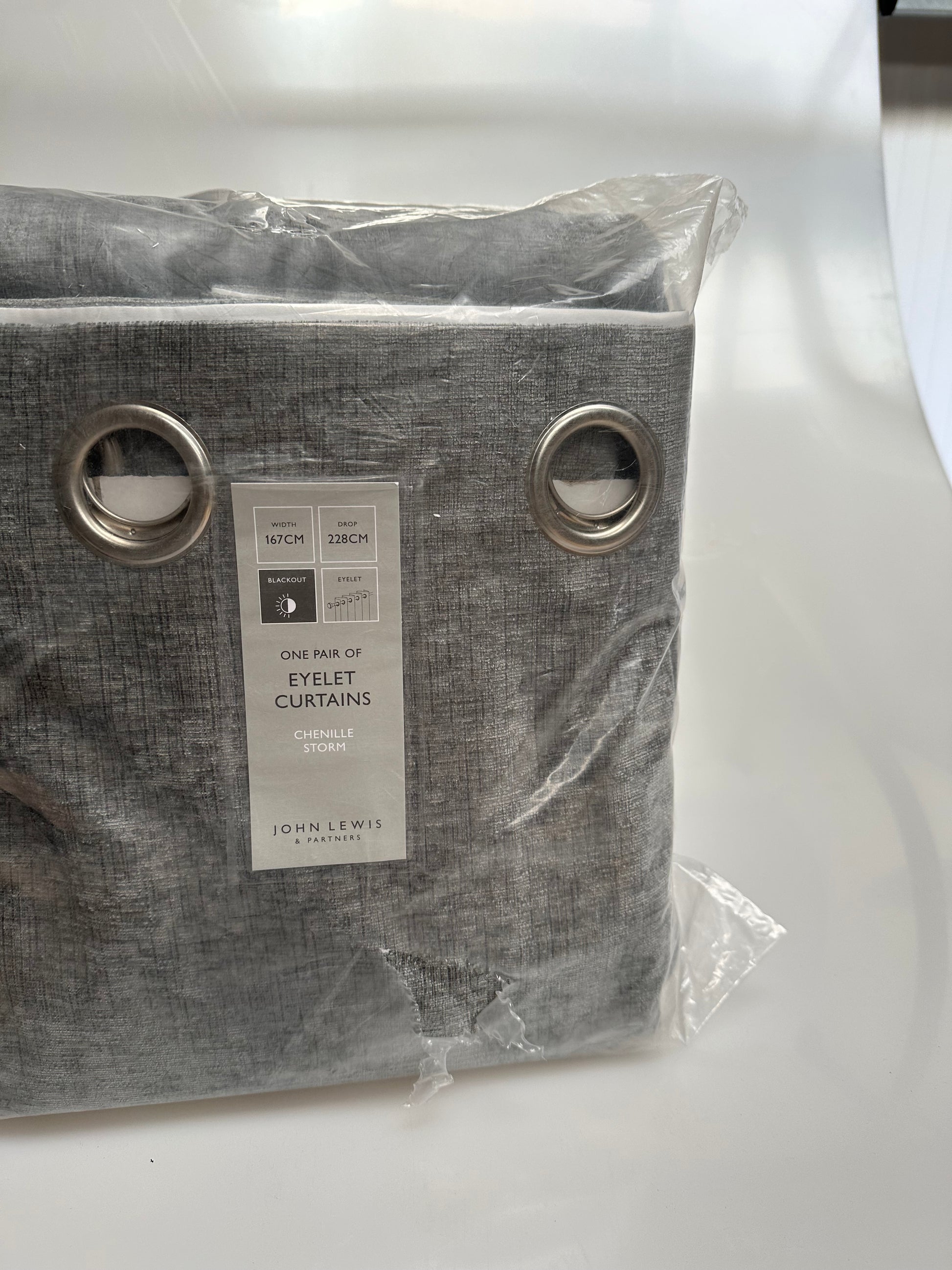 John Lewis Chenille Pair Blackout/Thermal Lined Eyelet Curtains, Storm, W167 x D228