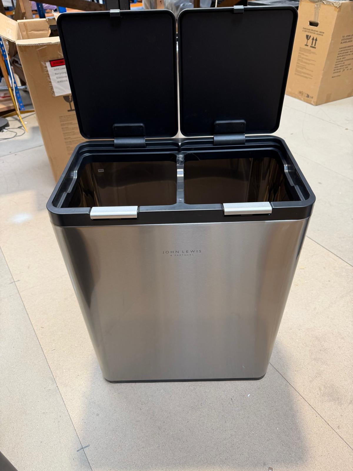 John Lewis 2 Section Touch Recycling Bin, with Handles, Stainless Steel, 30+30L