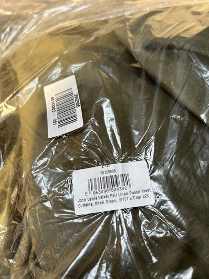 John Lewis Velvet Pair Lined Pencil Pleat Curtains, Khaki Green, W167 x Drop 228cm