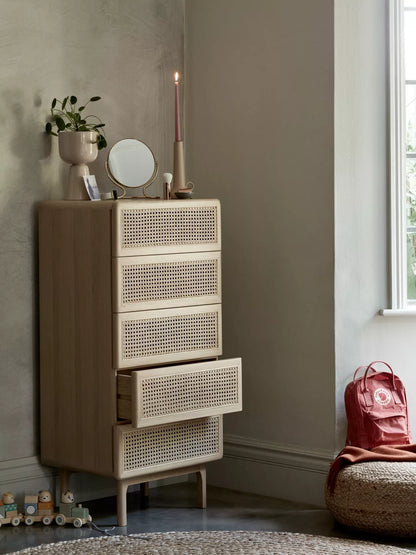 John Lewis Rattan 5 Drawer Tallboy Chest, Oak