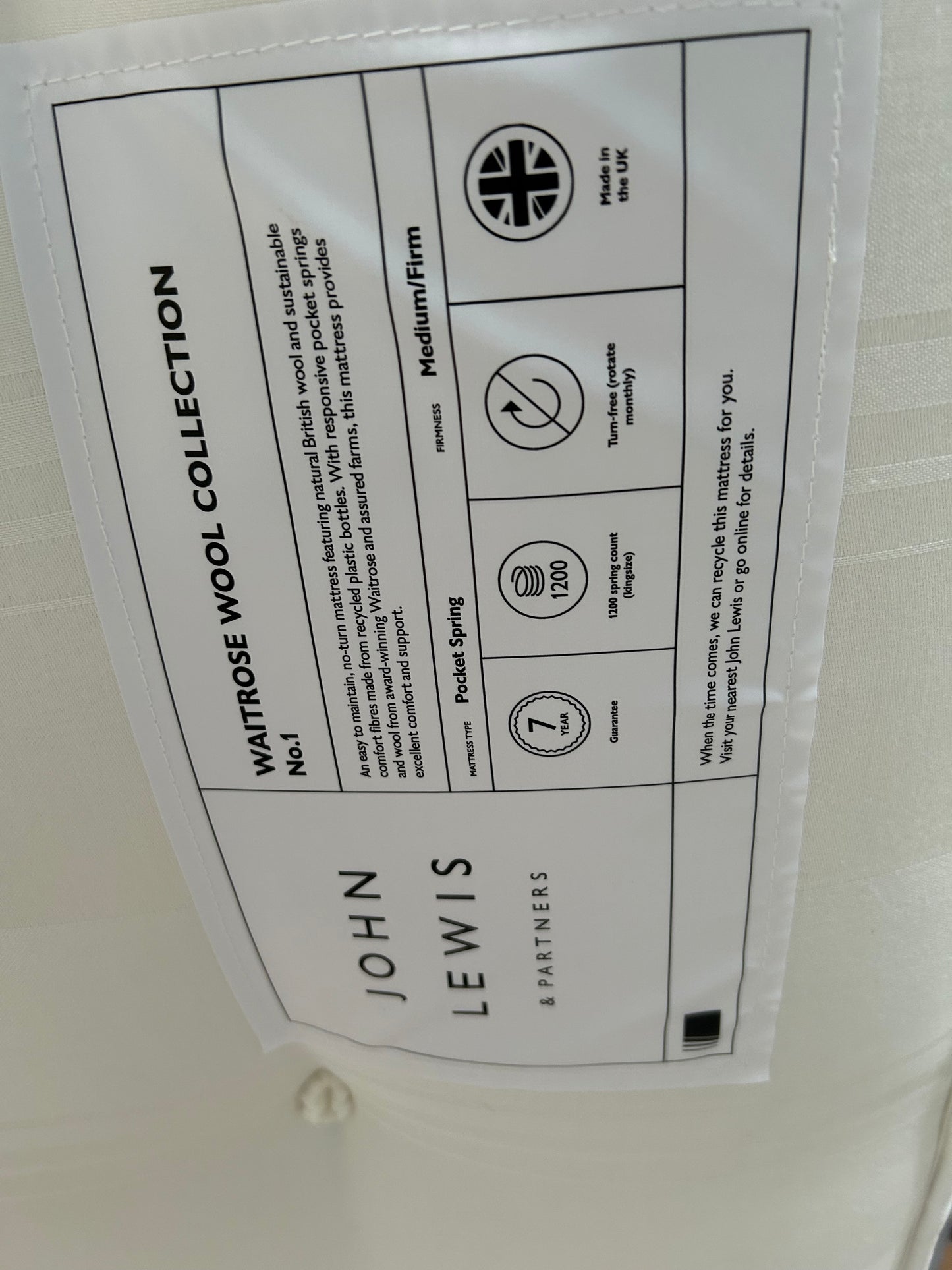 John Lewis Waitrose Wool NO 1 Pocket Spring Mattress Medium Firm Tension King Size