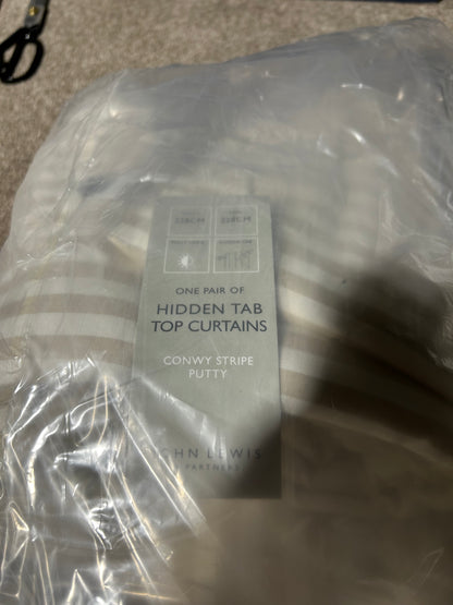 John Lewis Conwy Stripe Weave Pair Lined Hidden Tab Top Curtains, Putty, W228 x Drop 228cm