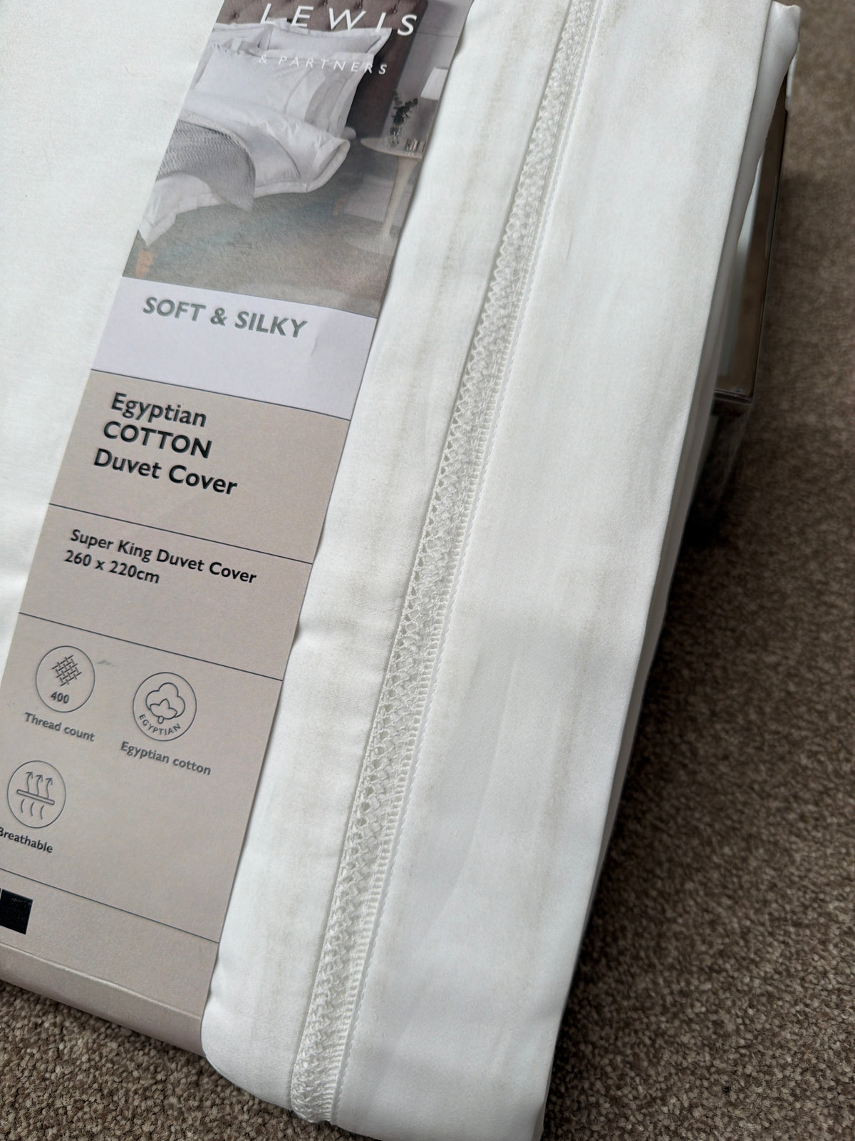 John Lewis Garda Egyptian Cotton Sateen Bedding, 400 Thread Count, White, Super King Duvet Cover