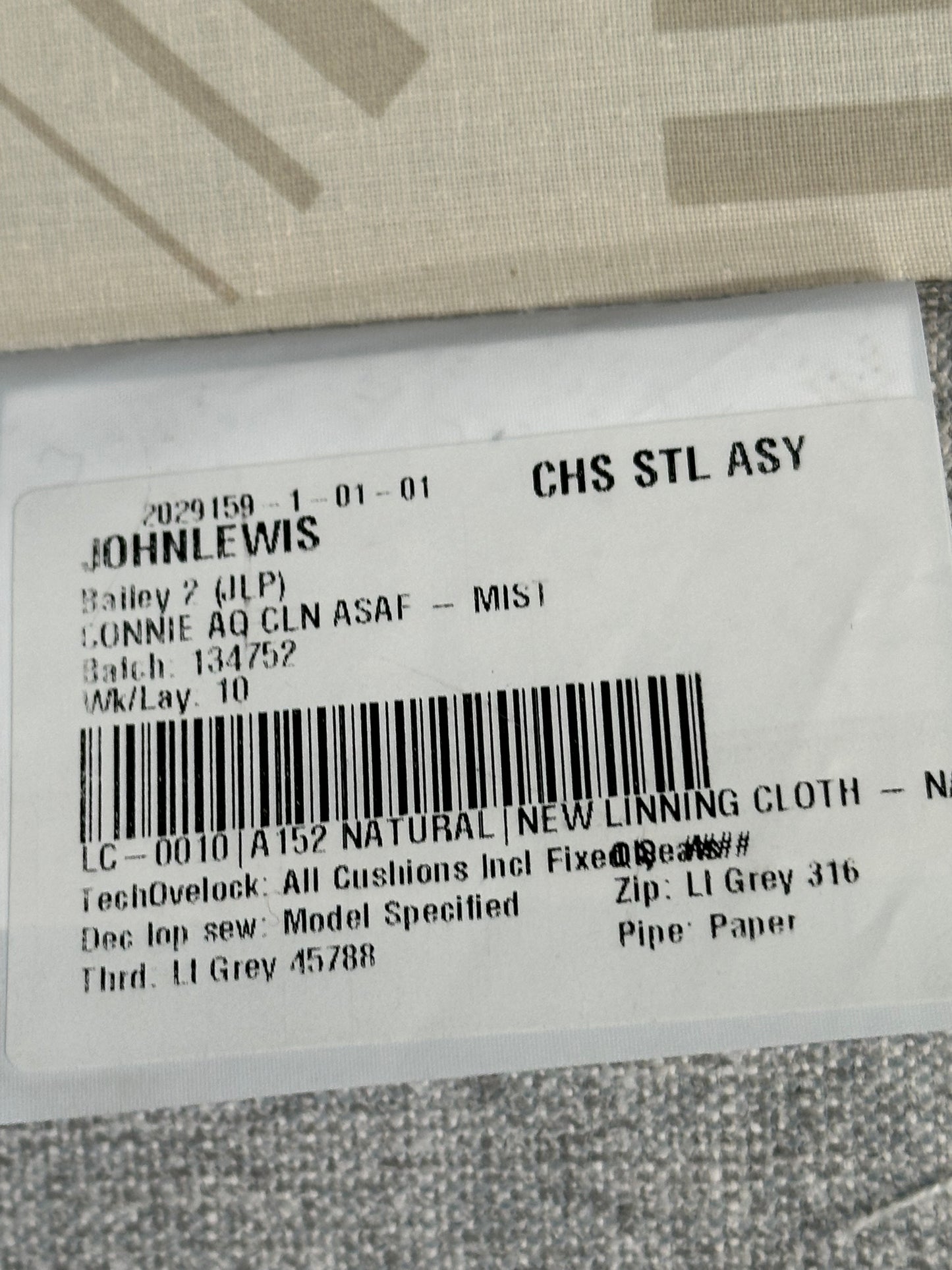 John Lewis Bailey II 3 Seater Sofa Aquaclean Mist - Missing Base Cushion