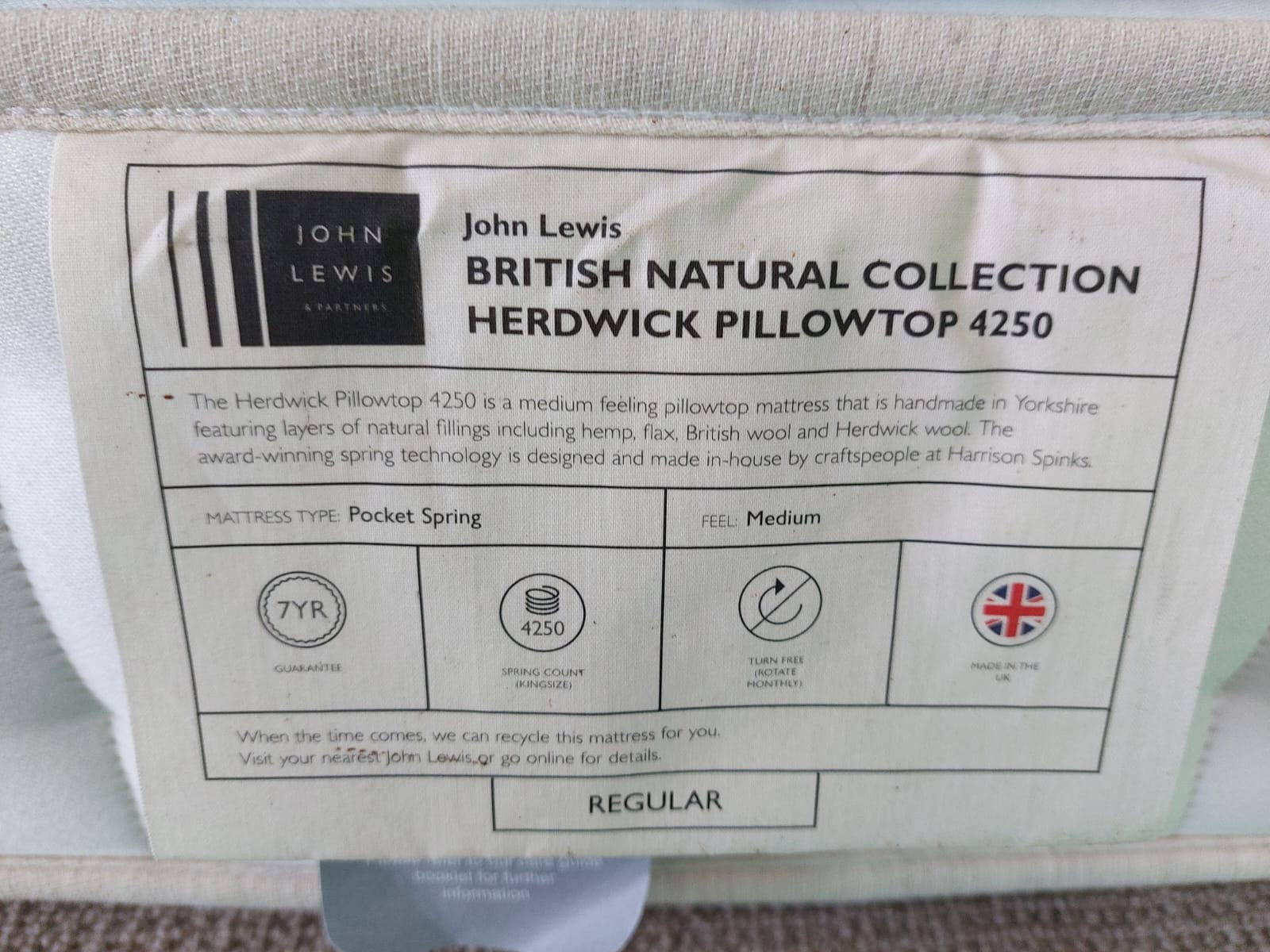 John Lewis British Natural Collection Herdwick Pillowtop 4250, King Size, Regular Tension Pocket Spring Mattress sleep trial