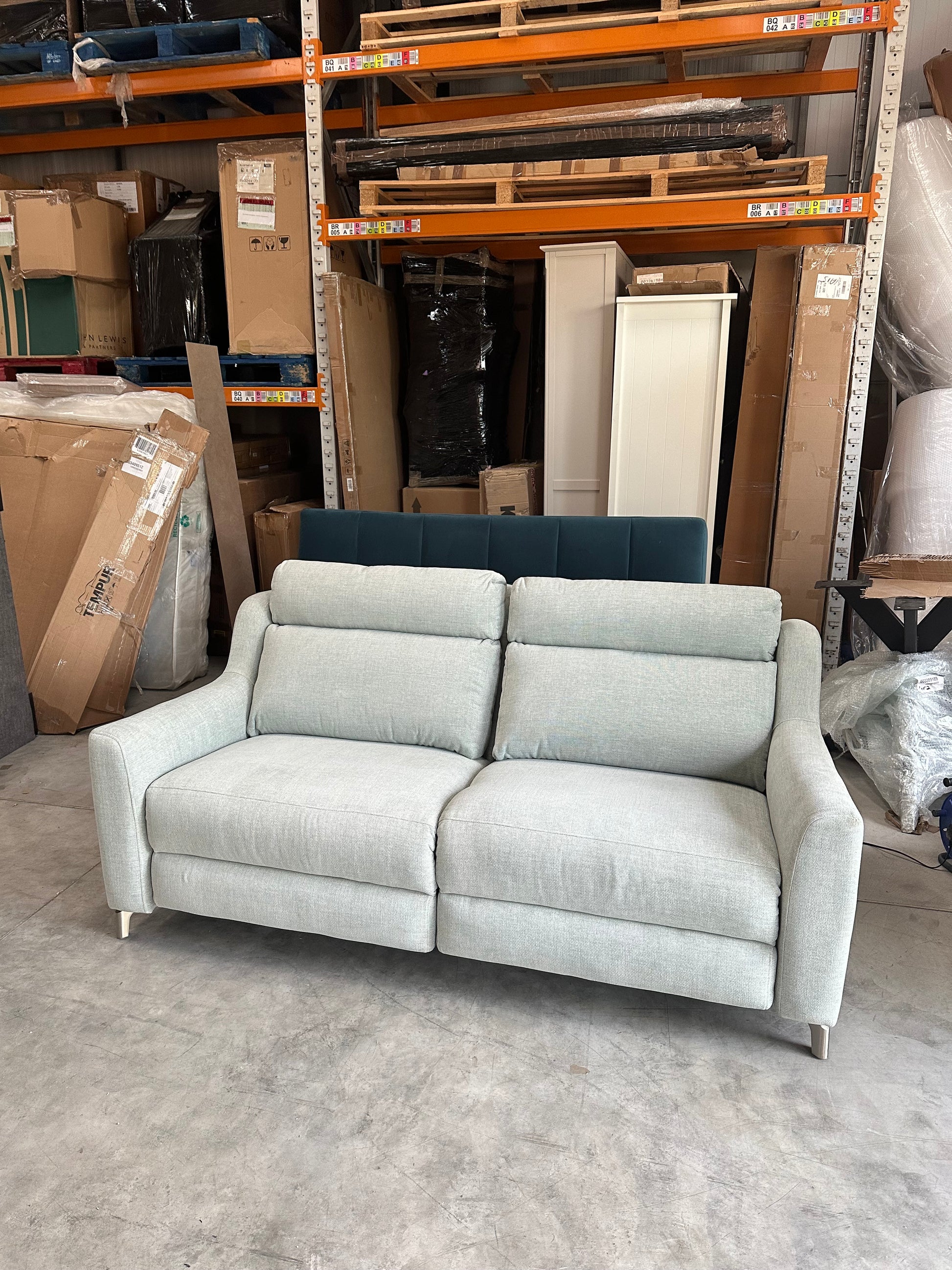 John Lewis Elevate Large 2 Seater Power Recliner Sofa, Metal Leg Aquaclean Baby Blue