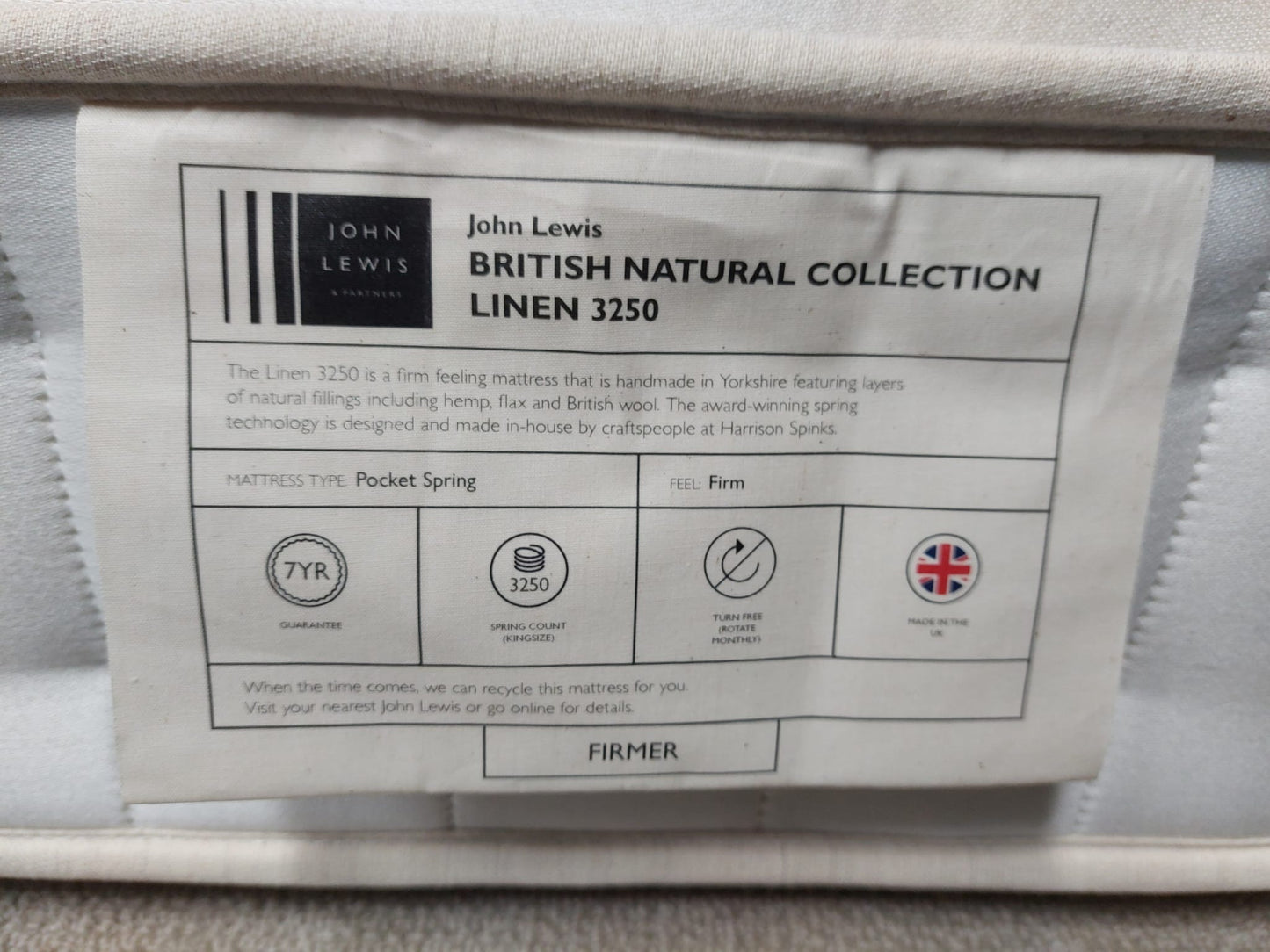 John Lewis British Natural Collection Linen 3250 Mattress, Firmer Tension, Single