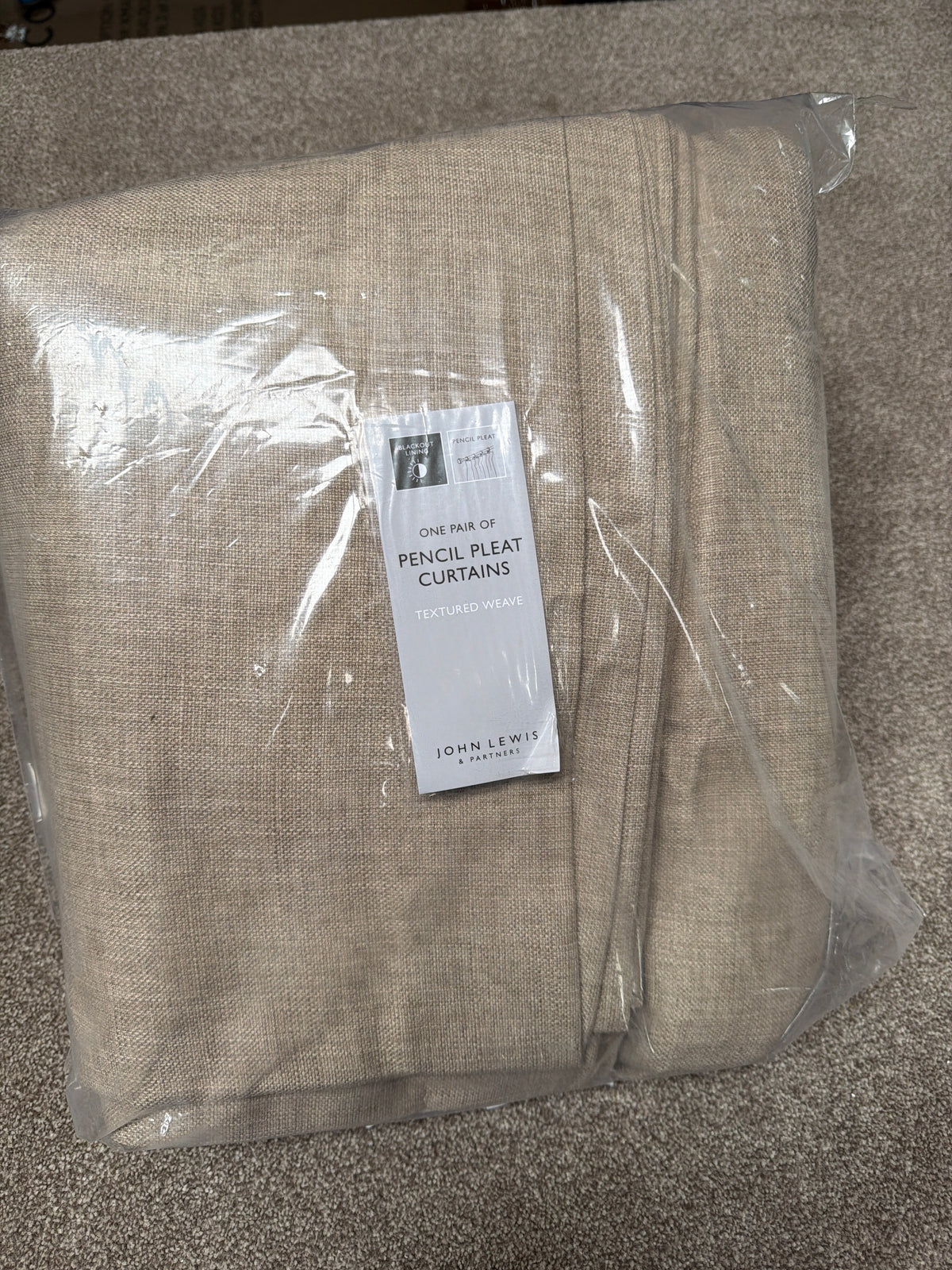 John Lewis Textured Weave Pair Blackout Lined Pencil Pleat Curtains, Natural, W228 x Drop 274cm
