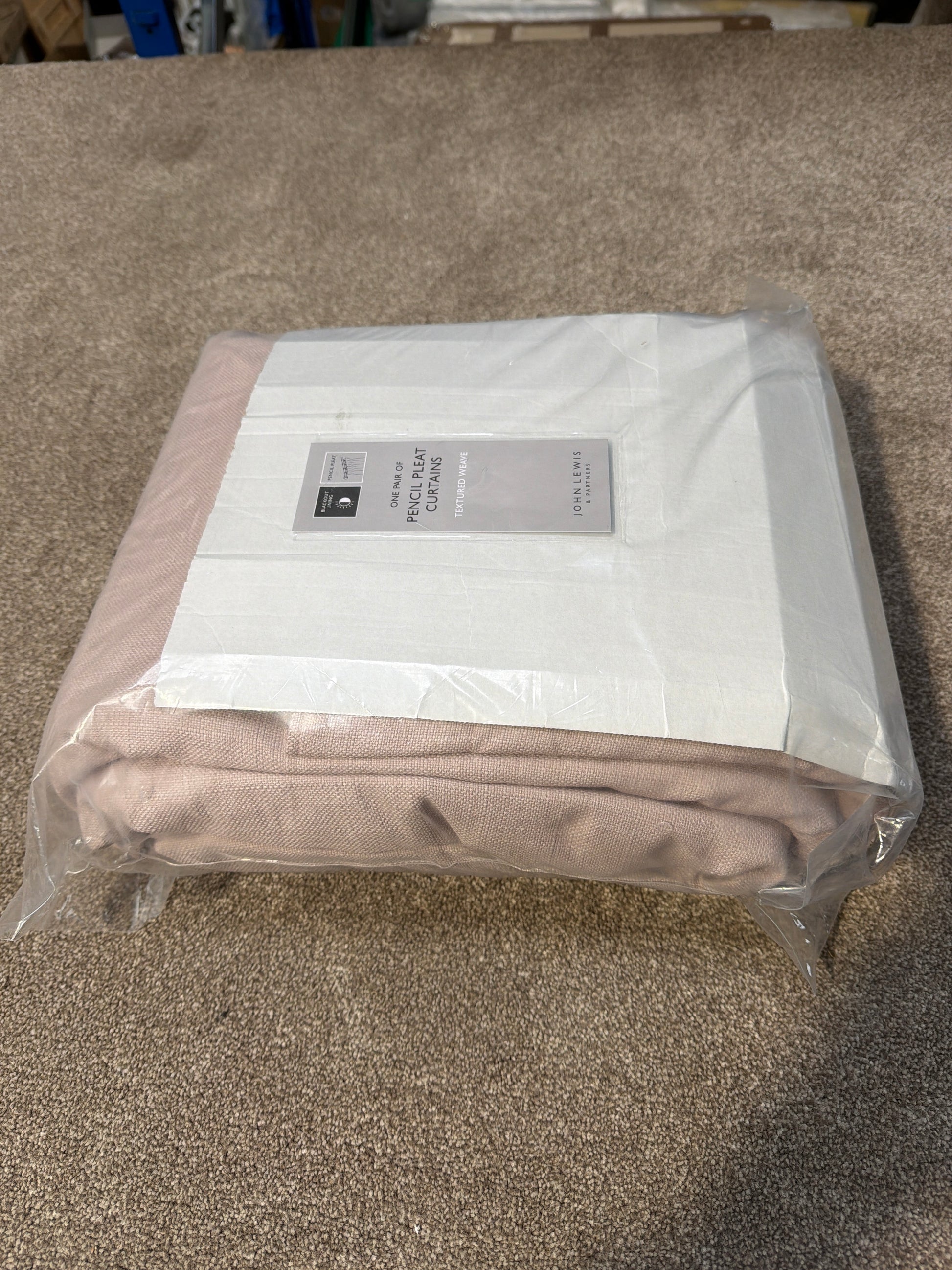 John Lewis Textured Weave Pair Blackout Lined Pencil Pleat Curtains, Rose Pink, W228 x Drop 228cm