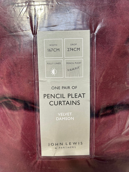 John Lewis Velvet Pair Lined Pencil Pleat Curtains, Damson, W167 x Drop 274cm