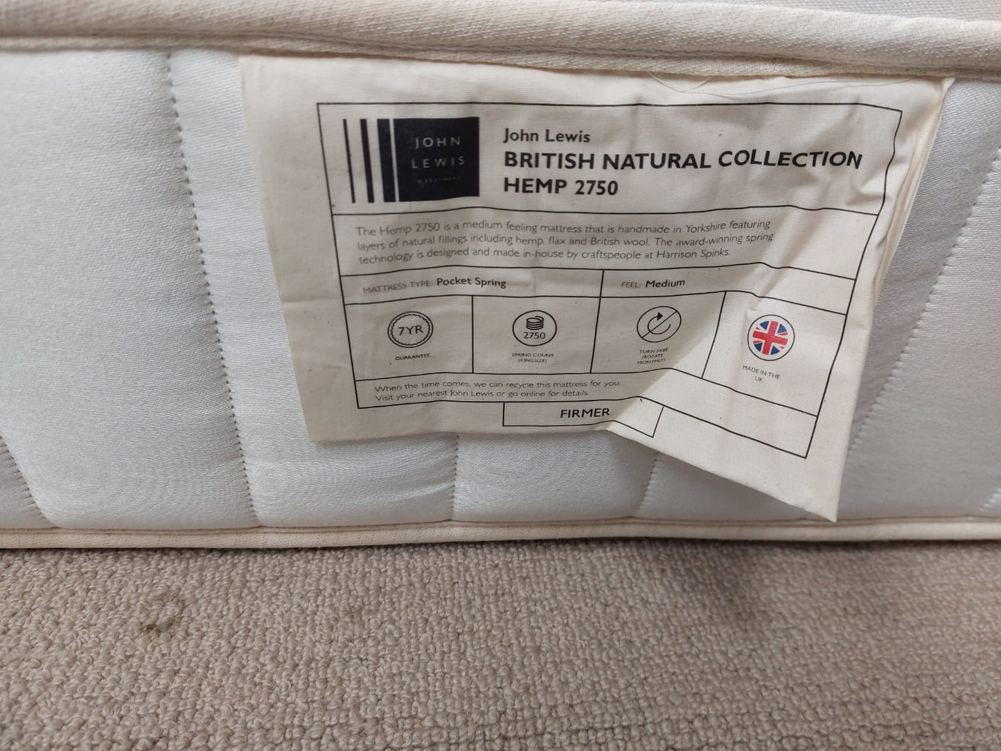 John Lewis British Natural Collection Hemp 2750 Mattress, Regular Tension, King Size