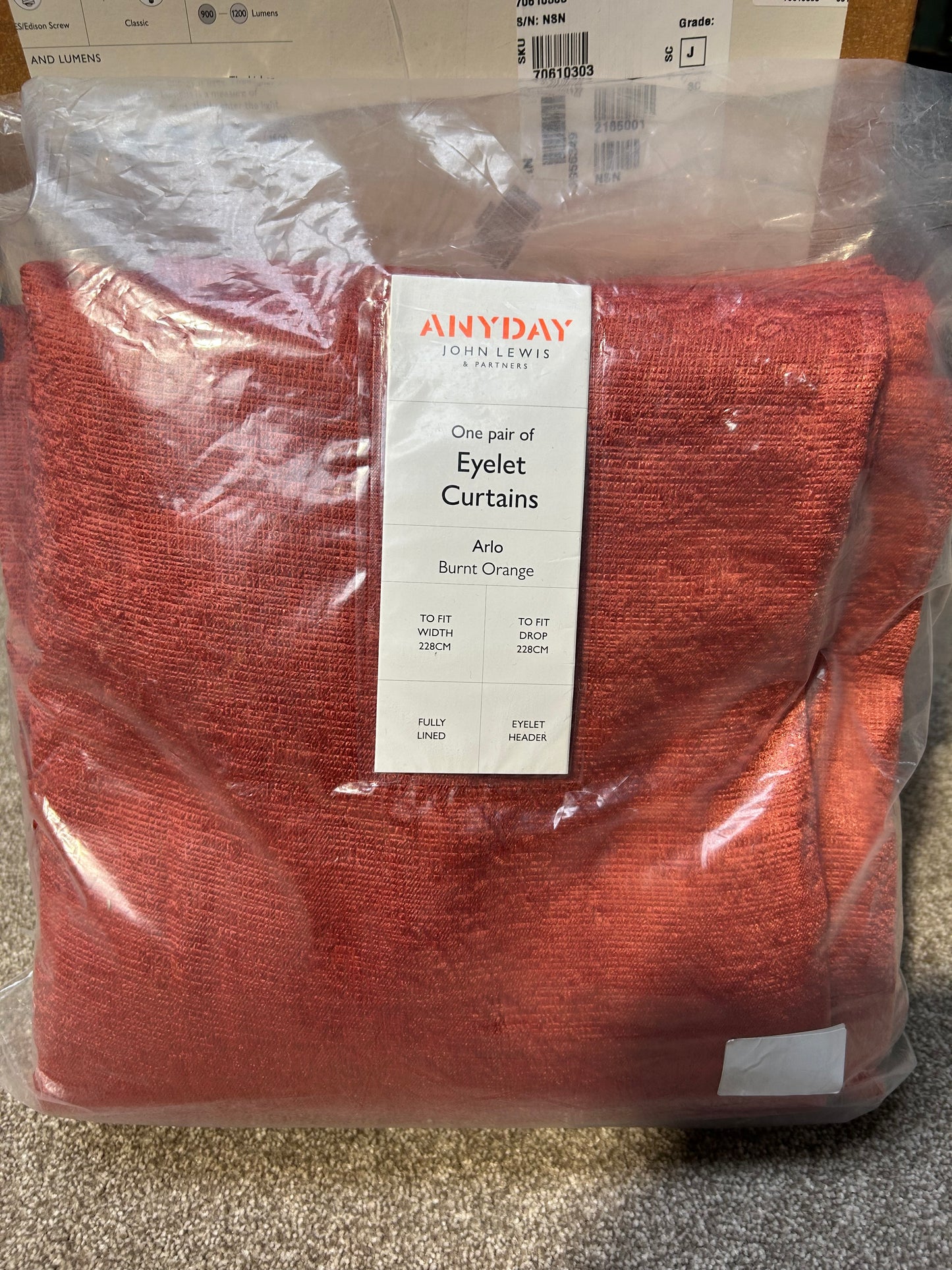 John Lewis Arlo Pair Lined Eyelet Curtains, Burnt Orange, W228 x Drop 228cm