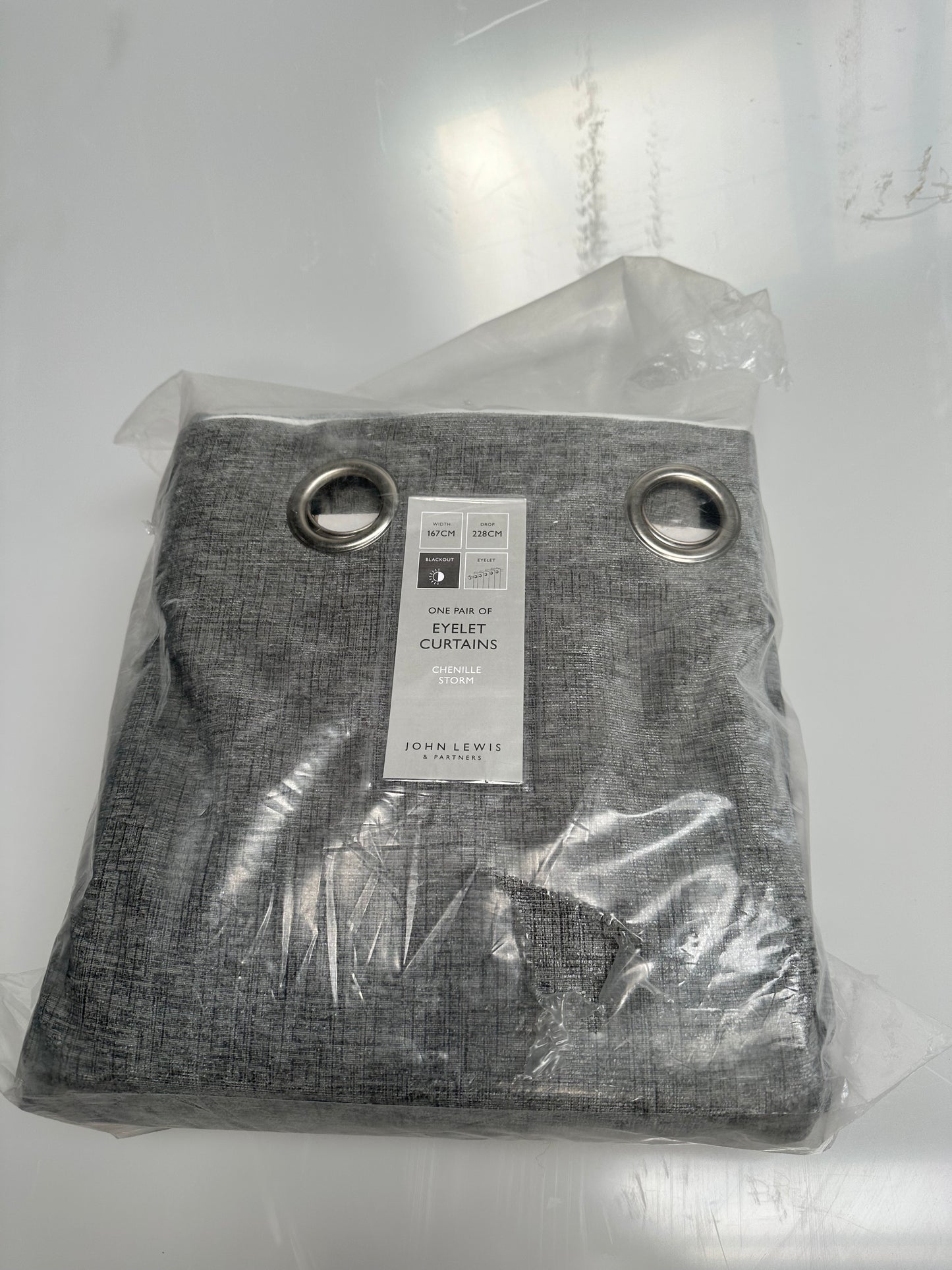 John Lewis Chenille Pair Blackout/Thermal Lined Eyelet Curtains, Storm, W167 x D228