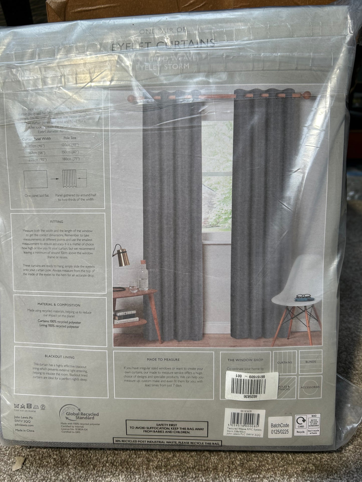 John Lewis Textured Weave Pair Blackout Lined Eyelet Curtains, Storm, W228 x Drop 182cm