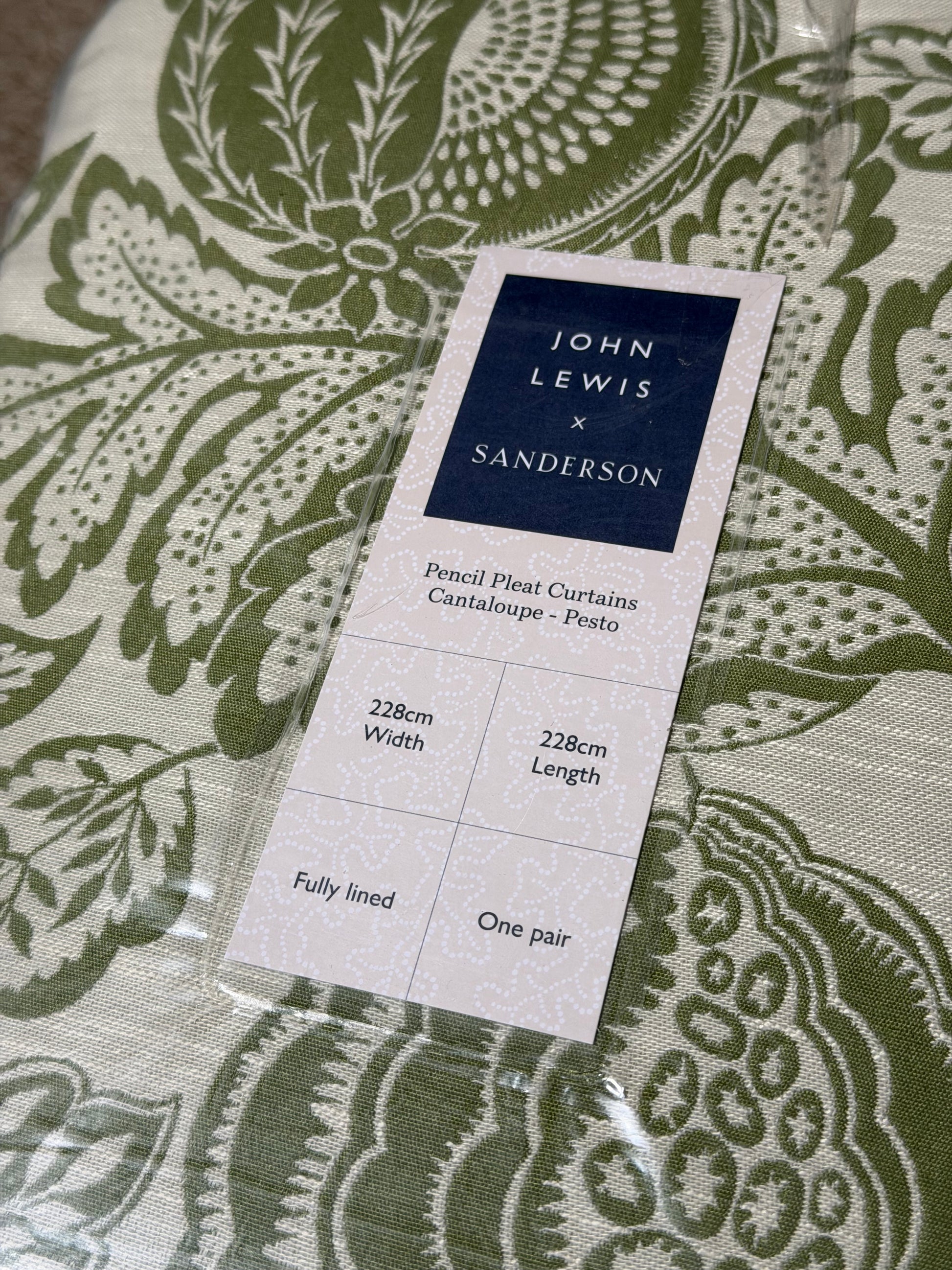 John Lewis x Sanderson Cantaloupe Lined Pencil Pleat Curtains, Pesto, H228 x Drop 228