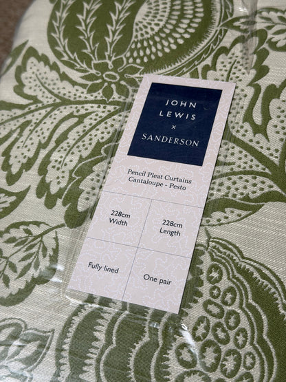 John Lewis x Sanderson Cantaloupe Lined Pencil Pleat Curtains, Pesto, H228 x Drop 228