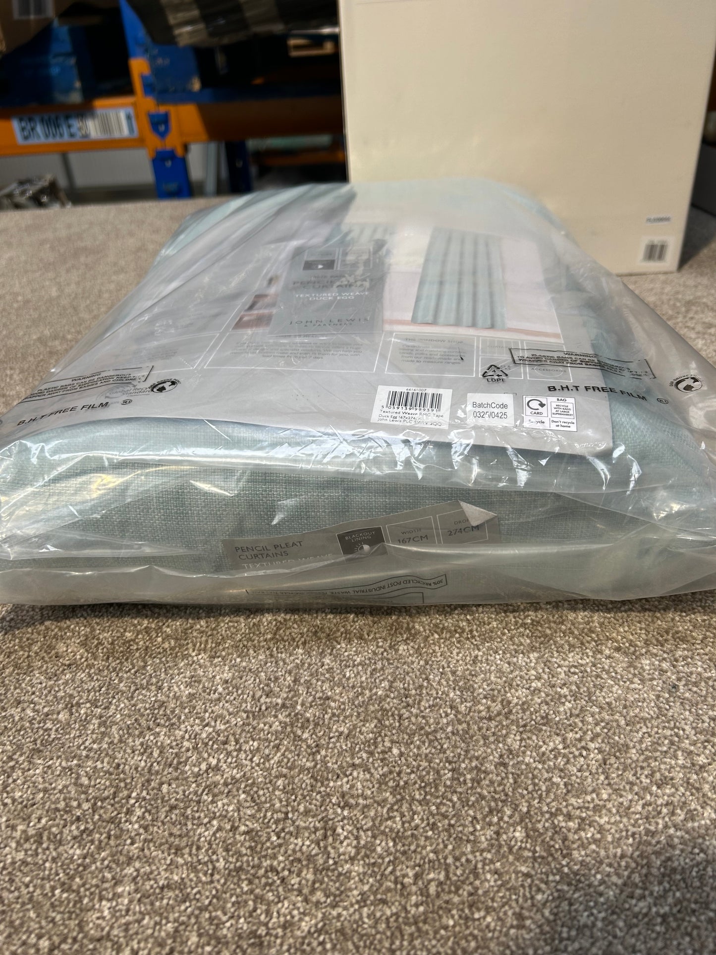 John Lewis Textured Weave Pair Blackout Lined Pencil Pleat Curtains, Duck Egg, W167 x Drop 274cm