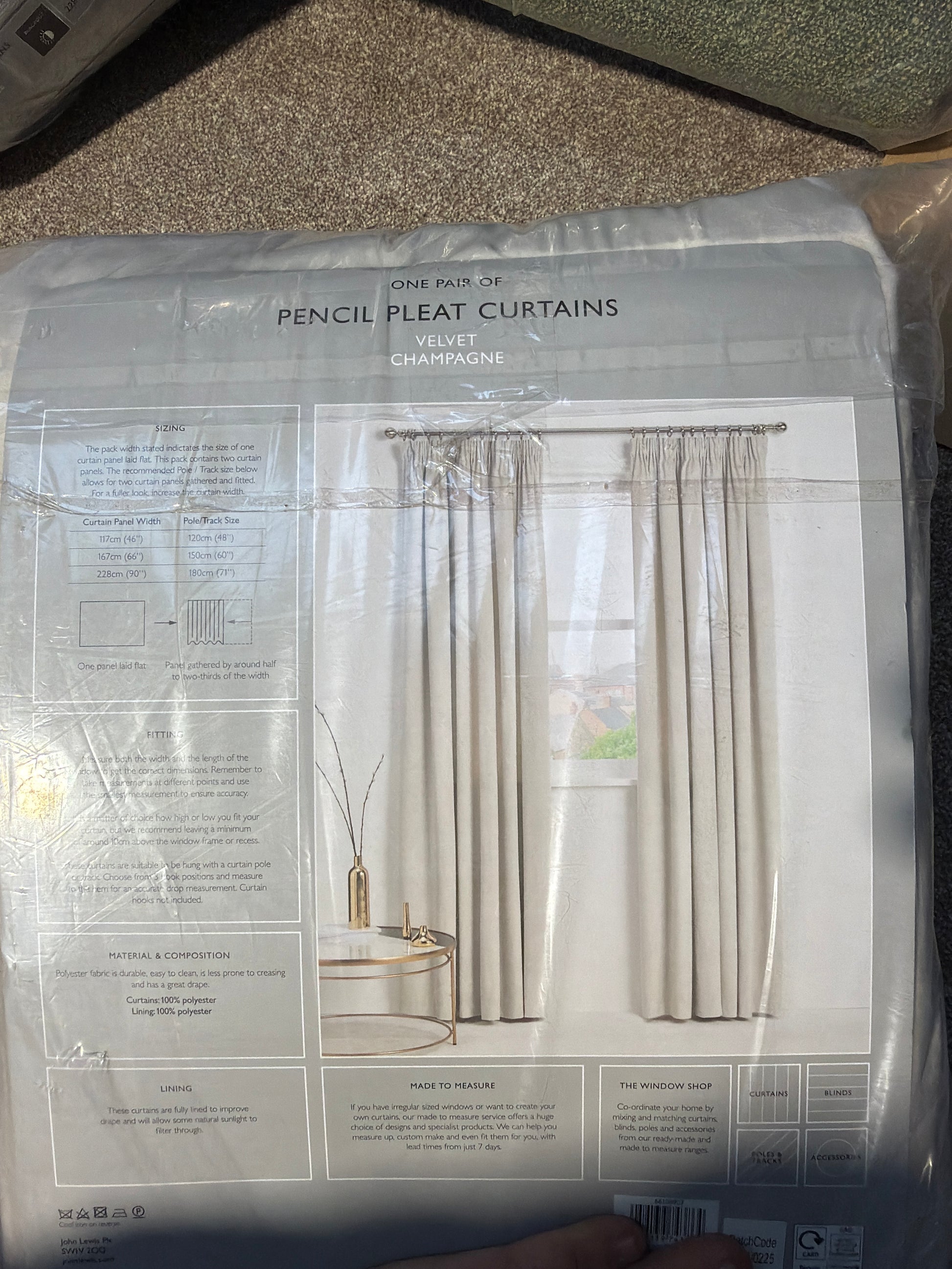 John Lewis Velvet Pair Lined Pencil Pleat Curtains, Champagne, W228 x Drop 228cm