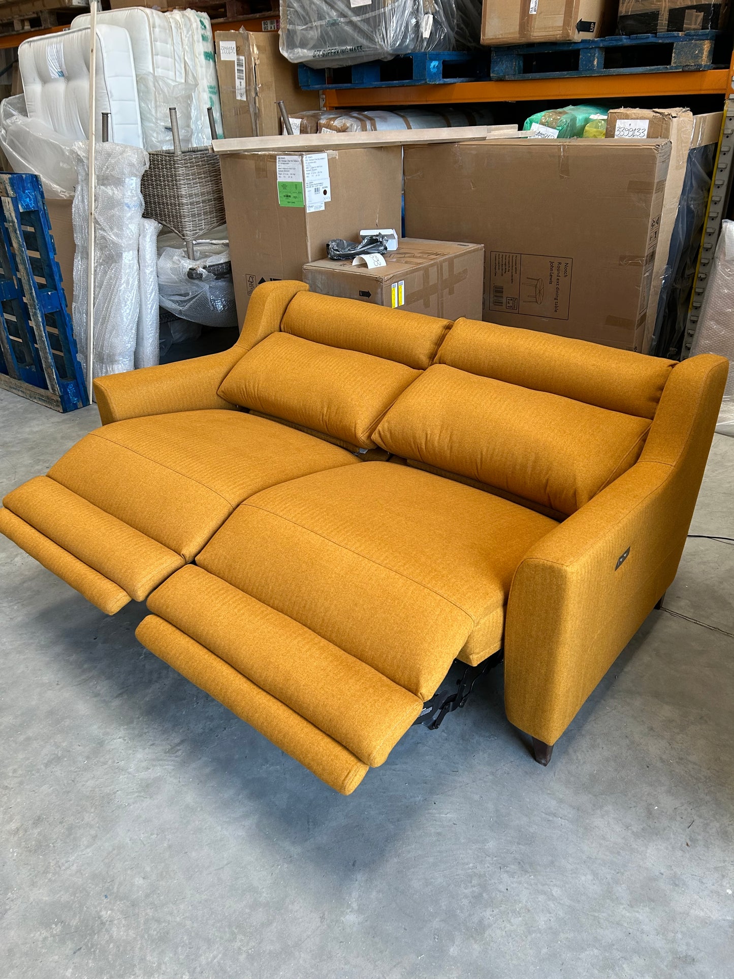 John Lewis Elevate Large 2 Seater Power Recliner Sofa, WoodenvLeg Brushed Tweed Mustard