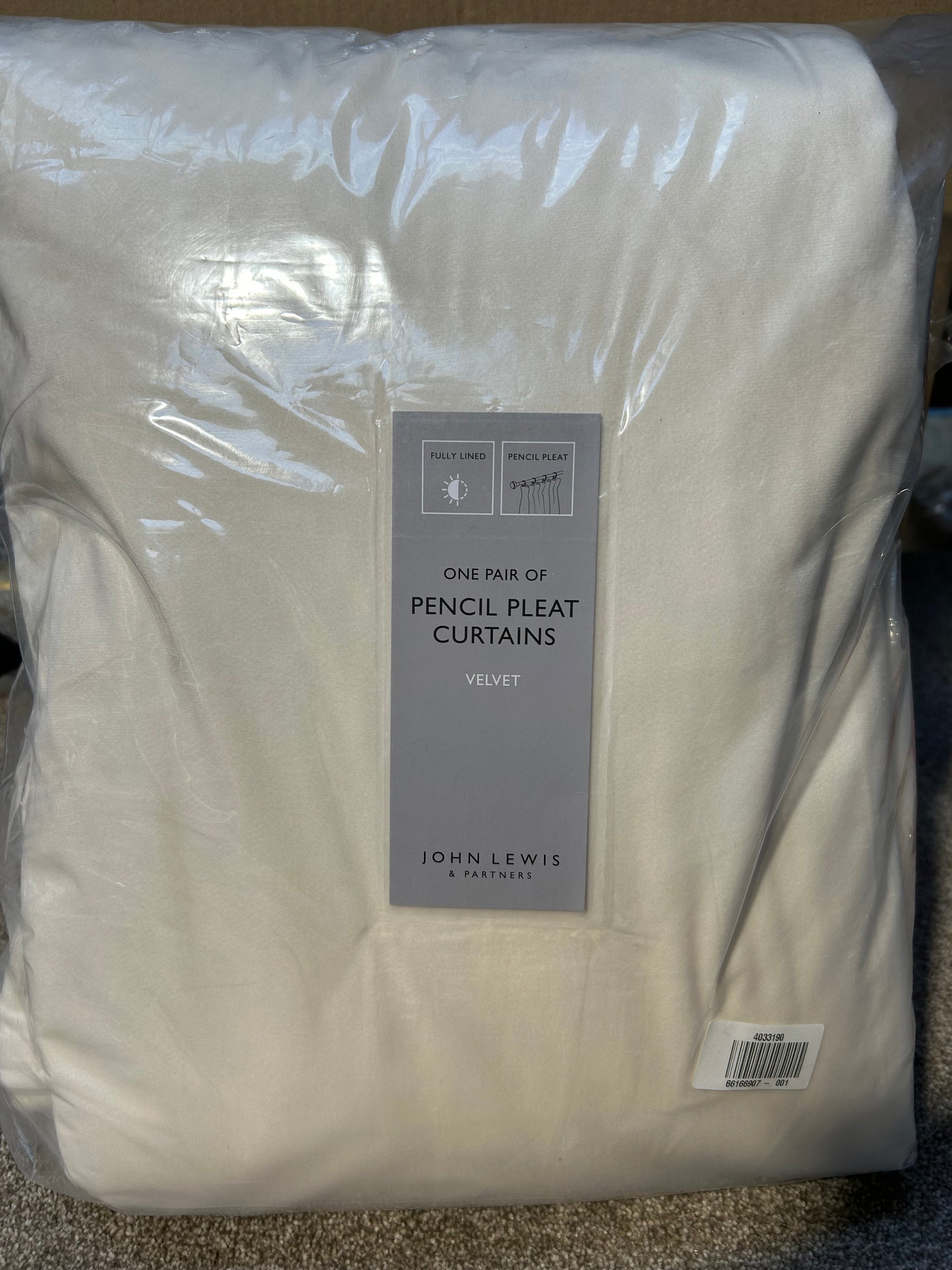 John Lewis Velvet Pair Lined Pencil Pleat Curtains, Cream, W228 x Drop 228cm
