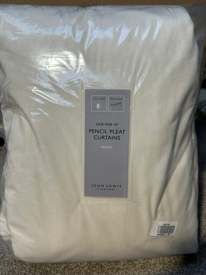 John Lewis Velvet Pair Lined Pencil Pleat Curtains, Cream, W228 x Drop 228cm