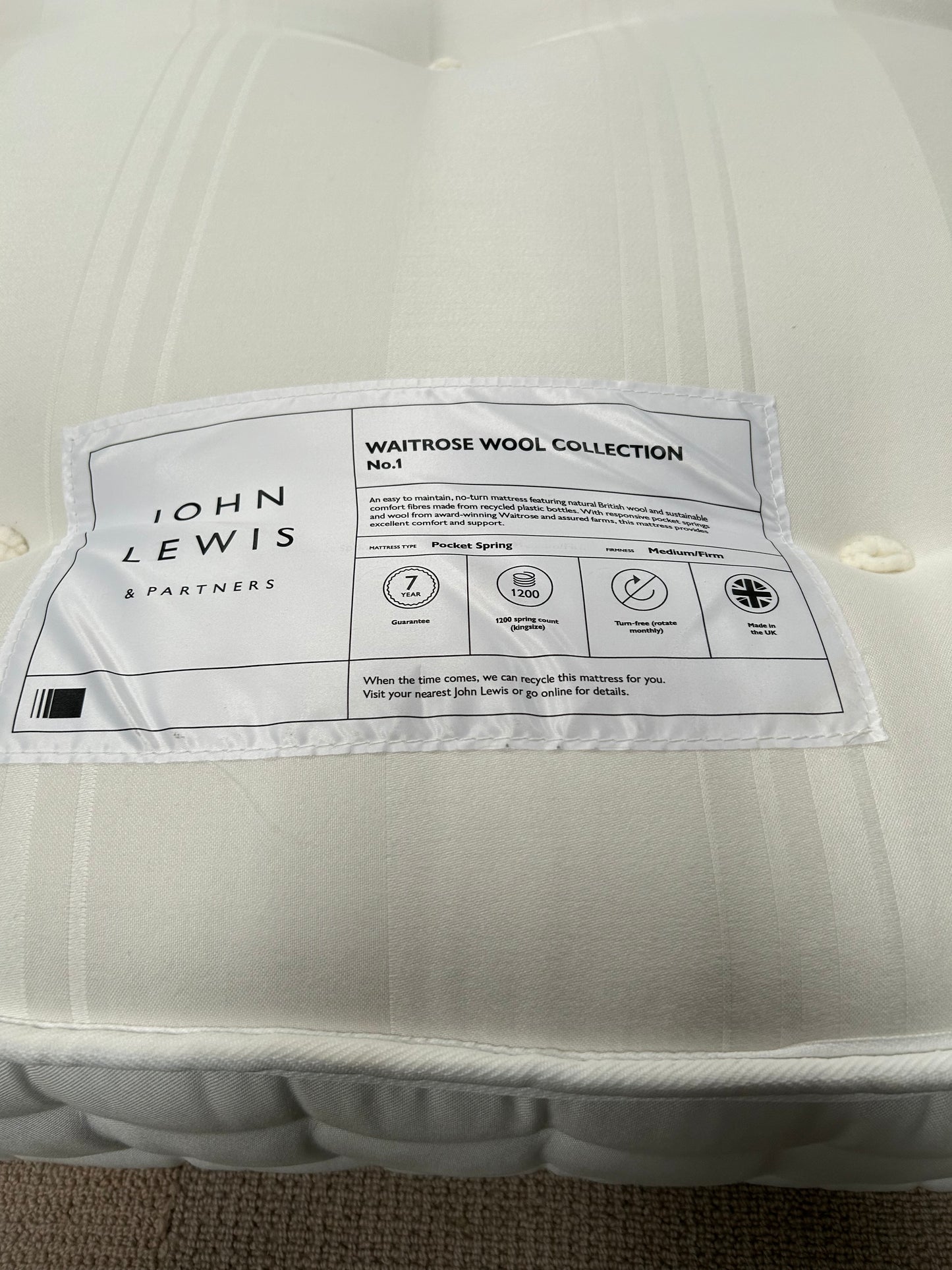 John Lewis Waitrose Wool NO 1 Pocket Spring Mattress Medium Firm Tension Double