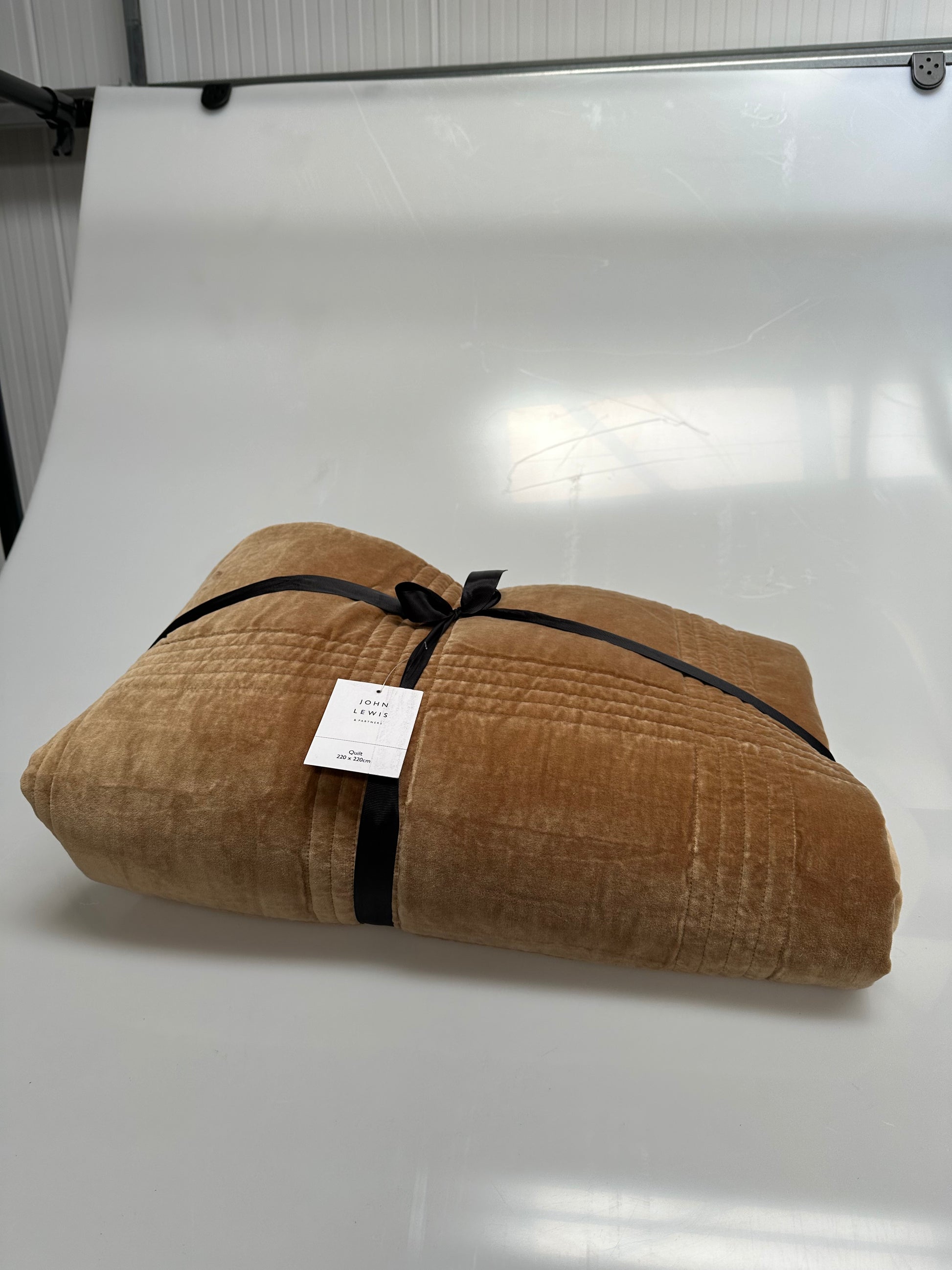 John Lewis Cotton Velvet Check Quilted Bedspread, Caramel